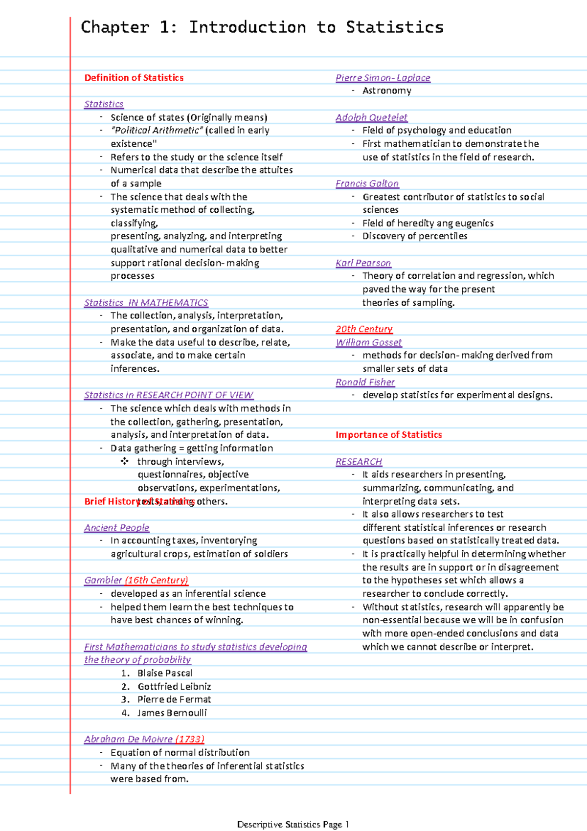 Descriptive Statistics Midterm - Definition of Statistics Statistics ...