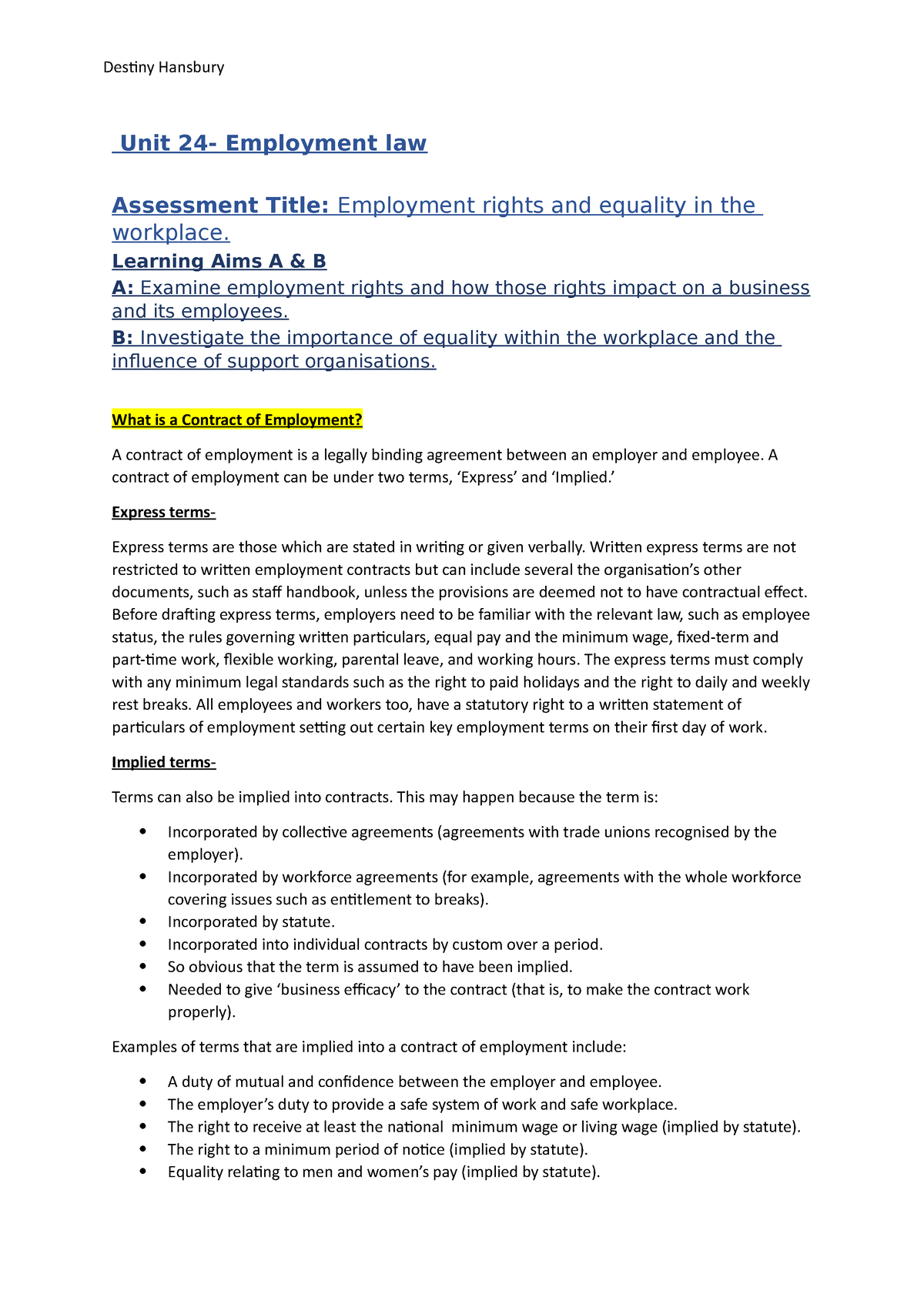 employment law assignment 1
