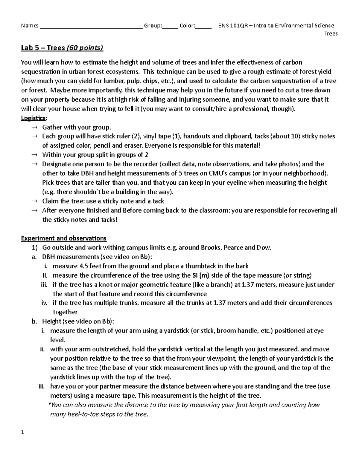 Lab 05 - Trees - This lab is for Biology 101 . - Trees Lab 5 – Trees ...