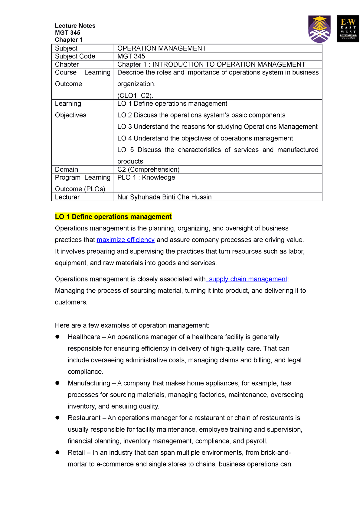 Lecture Notes Chapter 1 MGT 345 - MGT 345 Chapter 1 Subject OPERATION ...