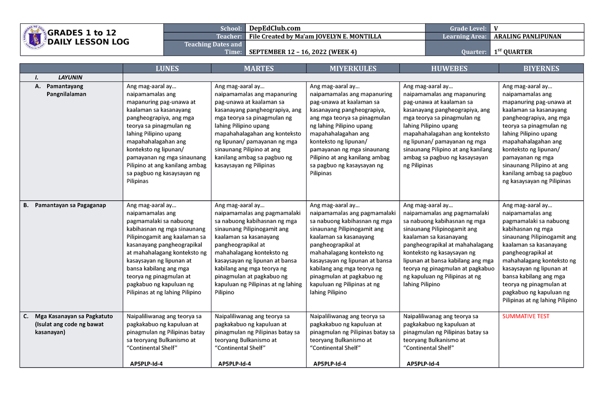 DLL Araling Panlipunan 5 Q1 W4 - GRADES 1 To 12 DAILY LESSON LOG School ...