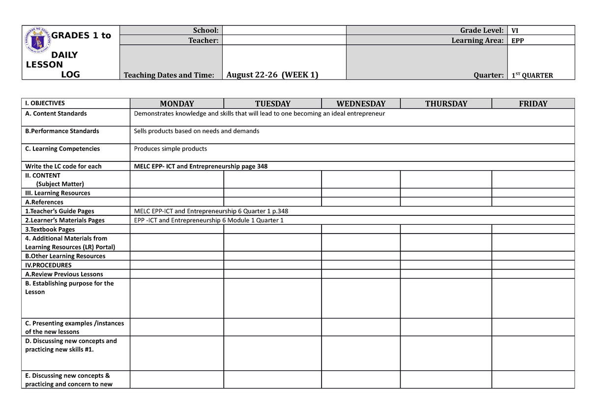 Dll Epp Q1 W1 Lesson Plan Format Grades 1 To 12 Daily Lesson Log School Grade Level Vi 3575