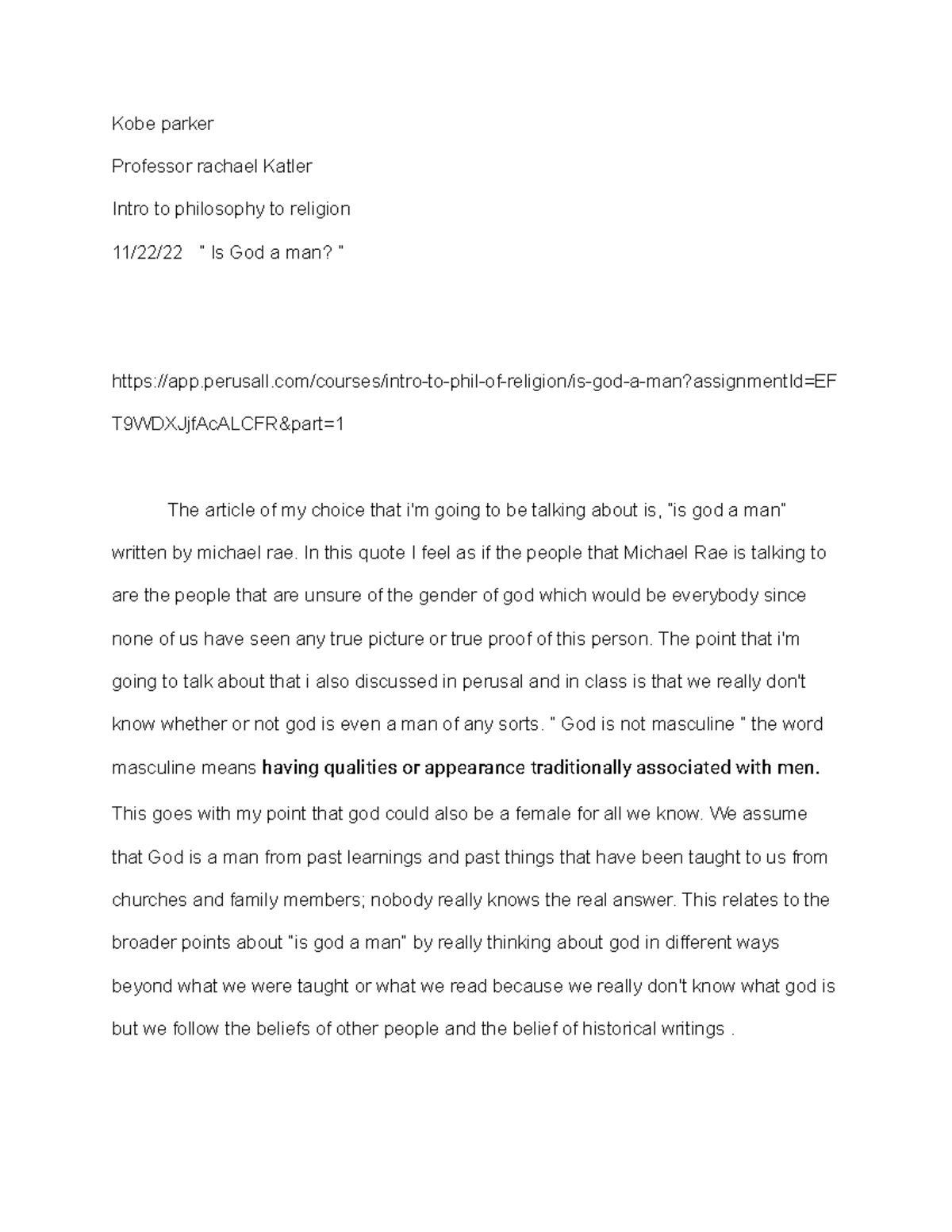 Relgion+class+argument+analysis+ - Kobe parker Professor rachael Katler ...