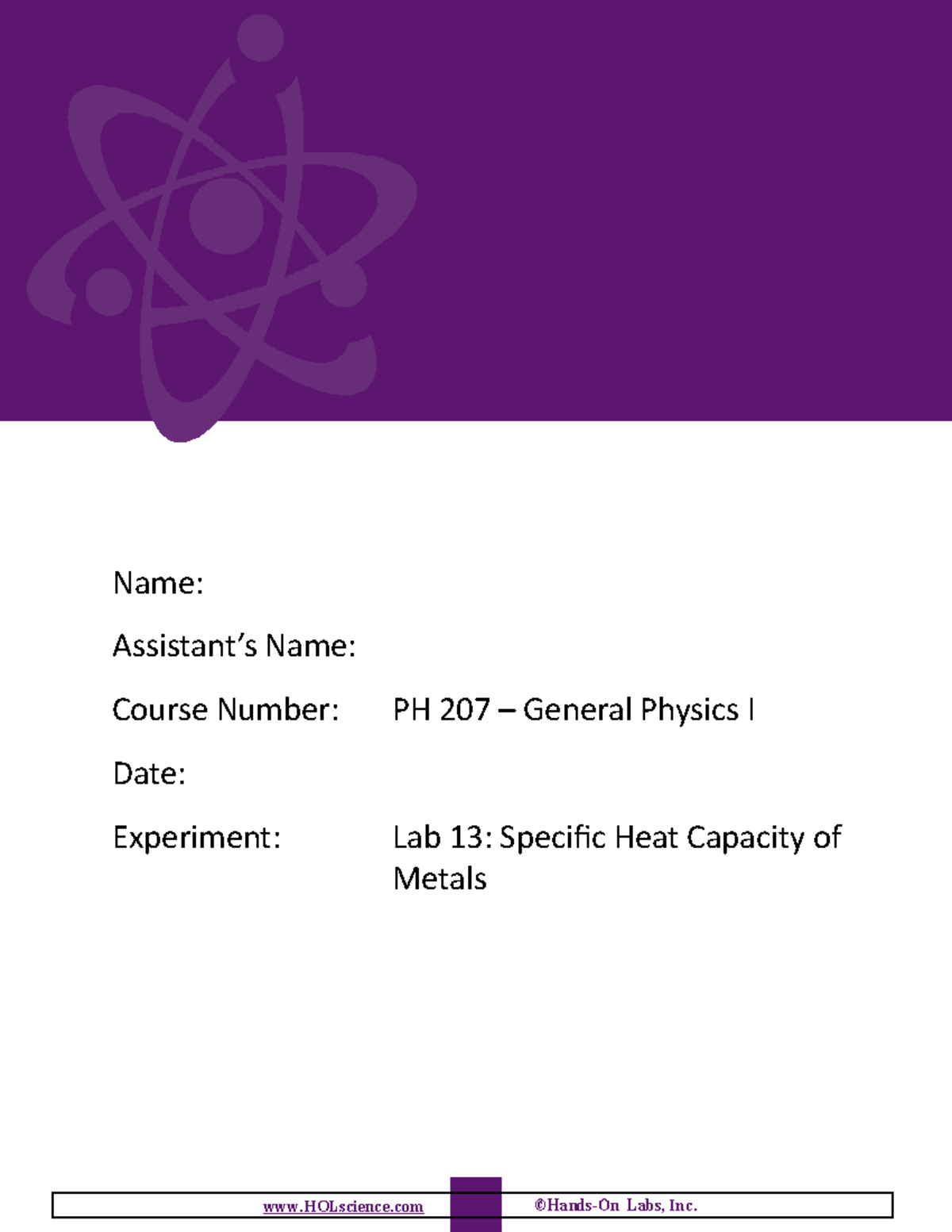 Lab 13 Specific Heat Capacity of Metals Physics Name Assistant’s