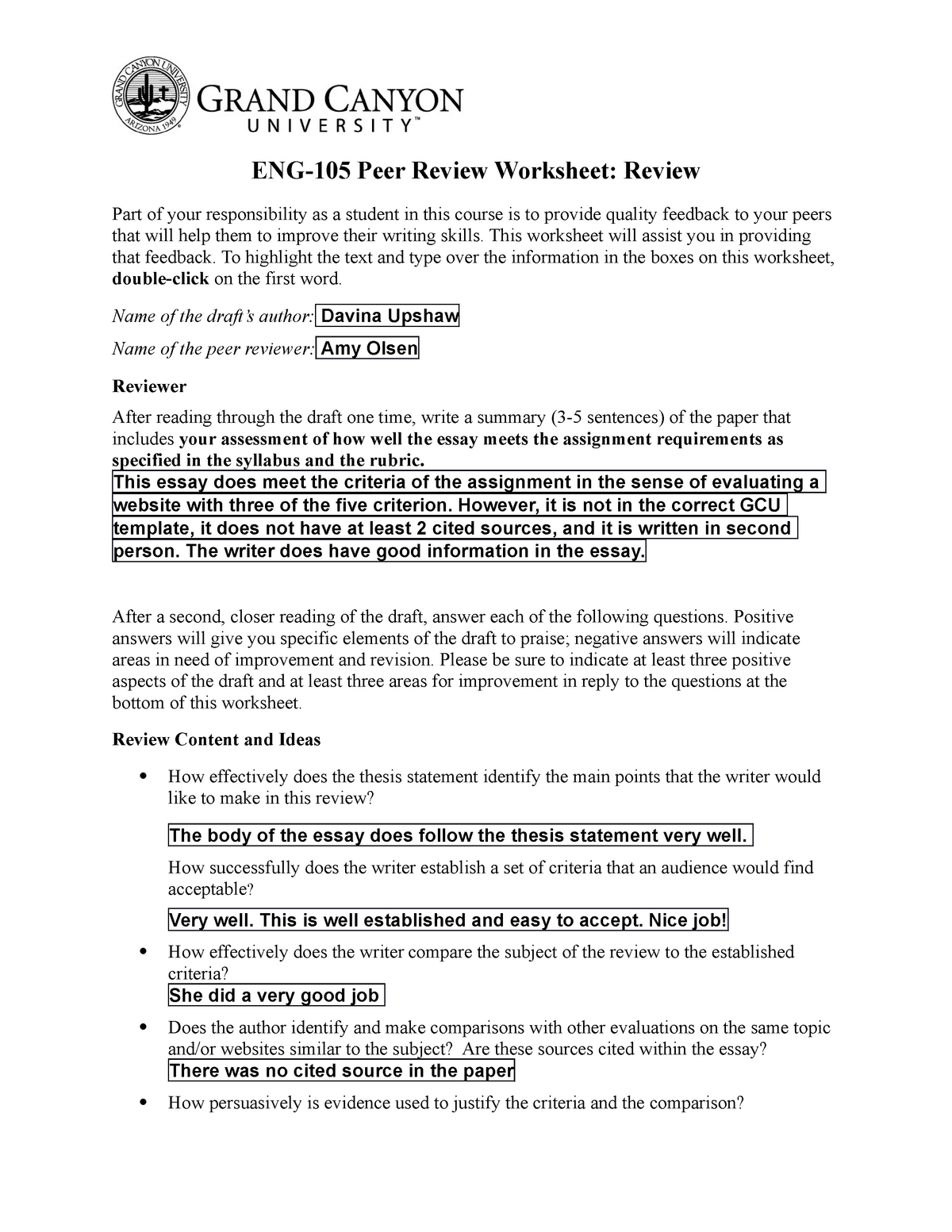Peer Review Worksheet Revised peer review 2 - StuDocu