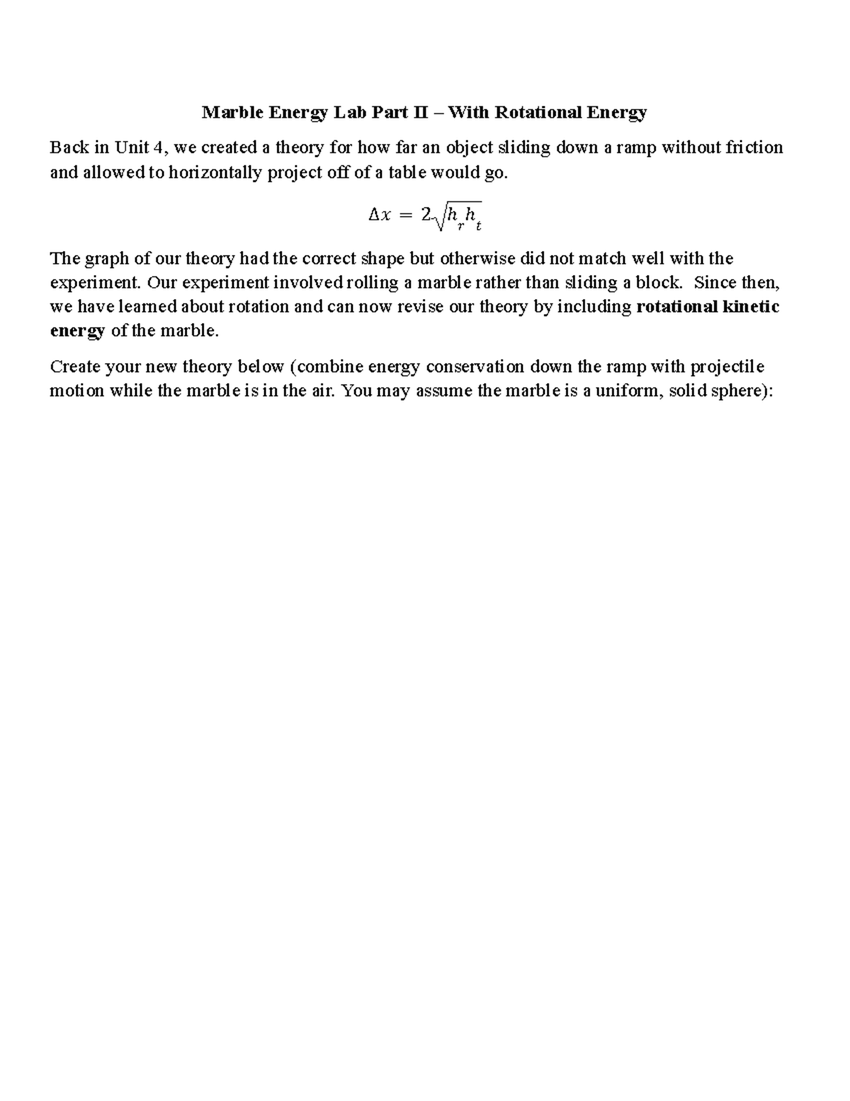 Marble Energy Lab Part II.docx Marble Energy Lab Part II With