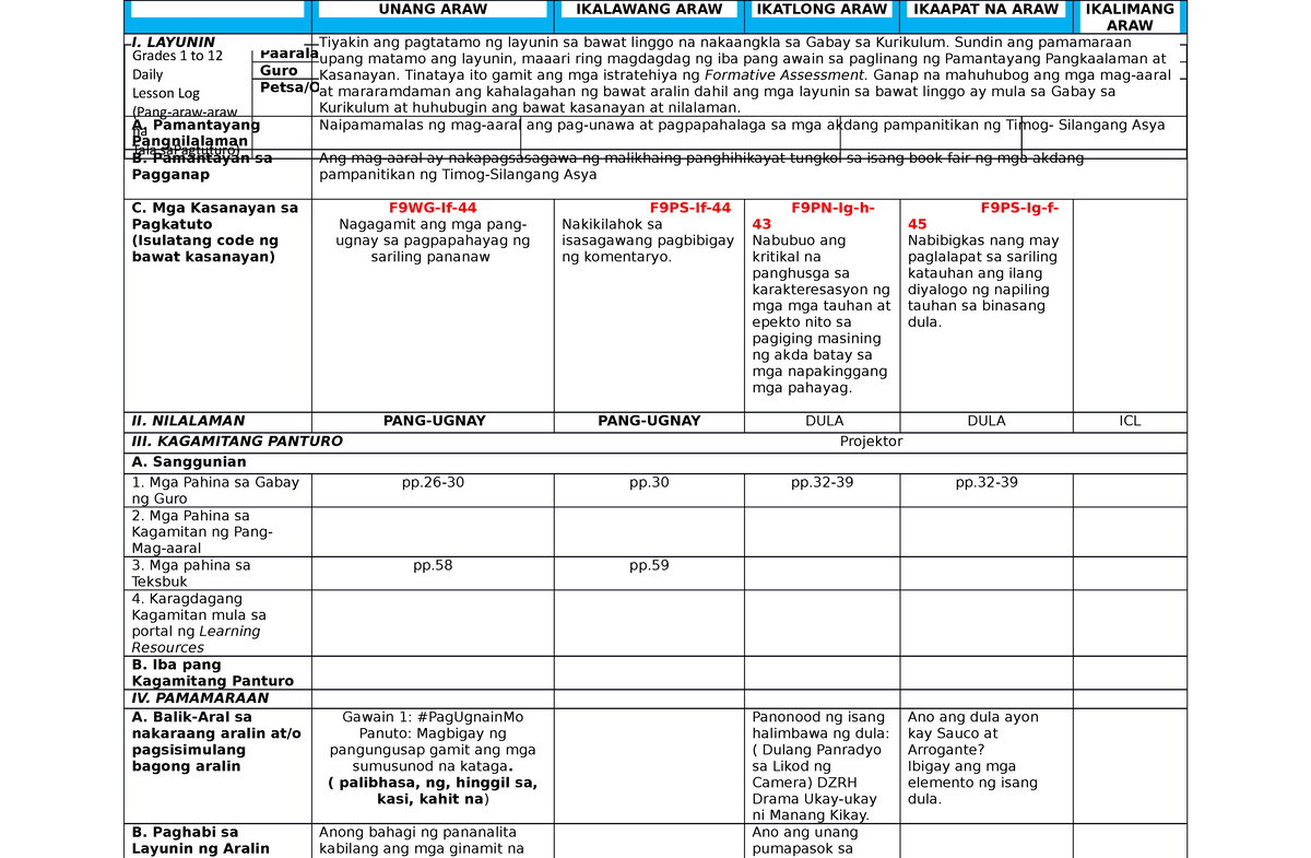 Fil 9 Lesson Plan Grades 1 To 12 Daily Lesson Log Pang Araw Araw Na Tala Sapagtuturo 6875