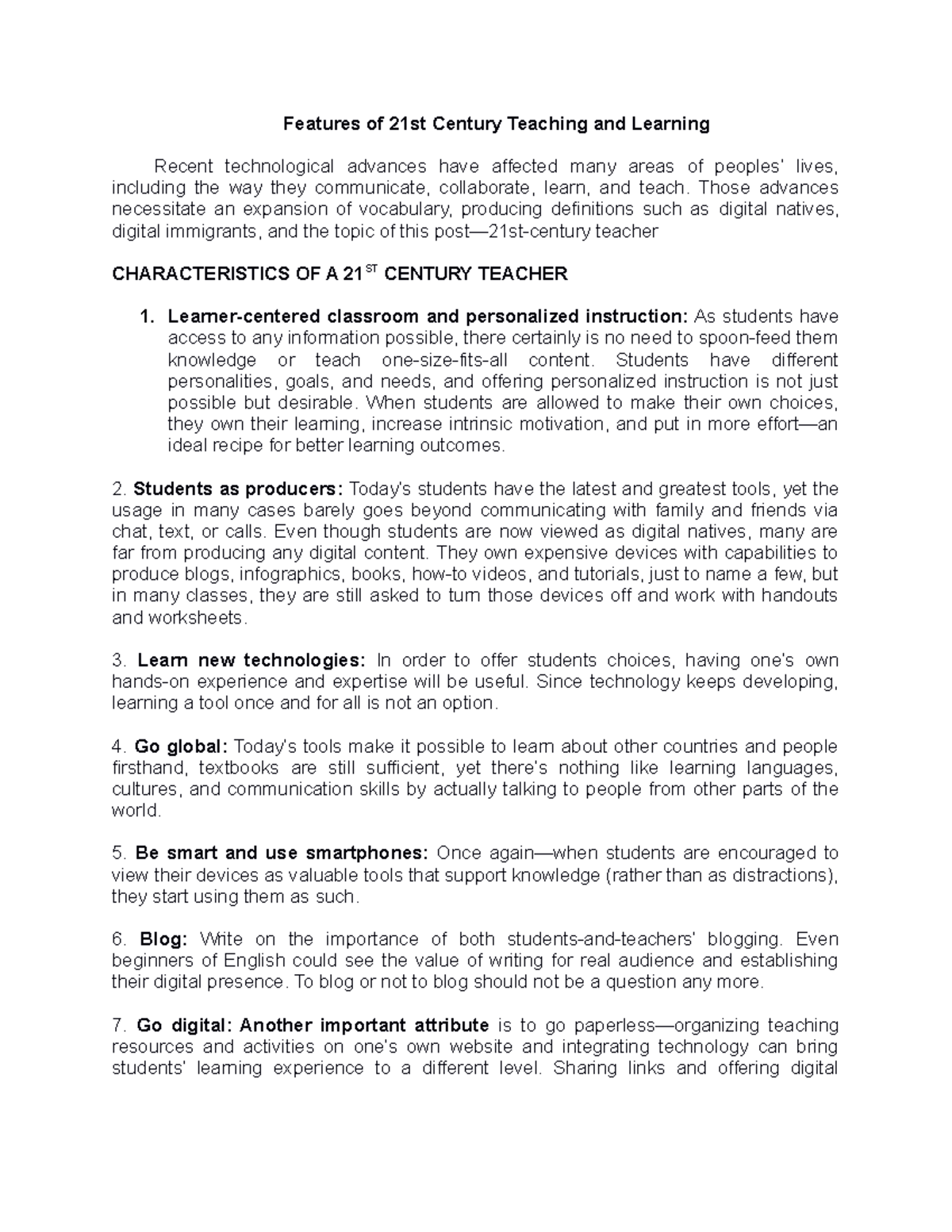 Features of 21st Century Teaching and Learning - BS. education - PangSU ...