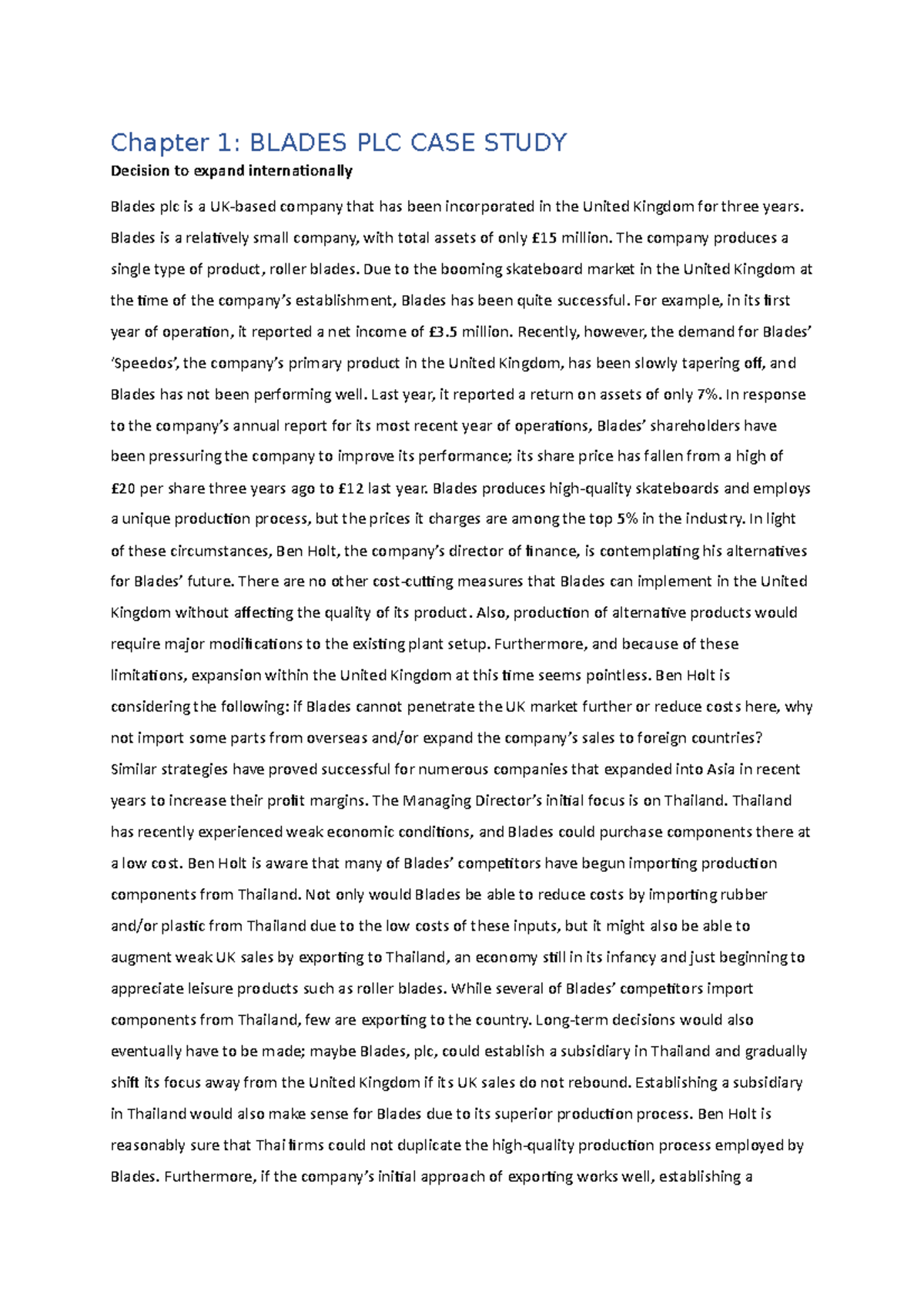 Int Finance Blades PLC Chapter 1 BLADES PLC CASE STUDY Decision to