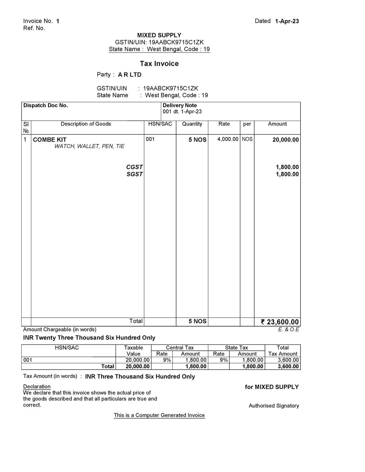 COM - Invoice No. 1 Dated 1-Apr- Ref. No. MIXED SUPPLY GSTIN/UIN ...