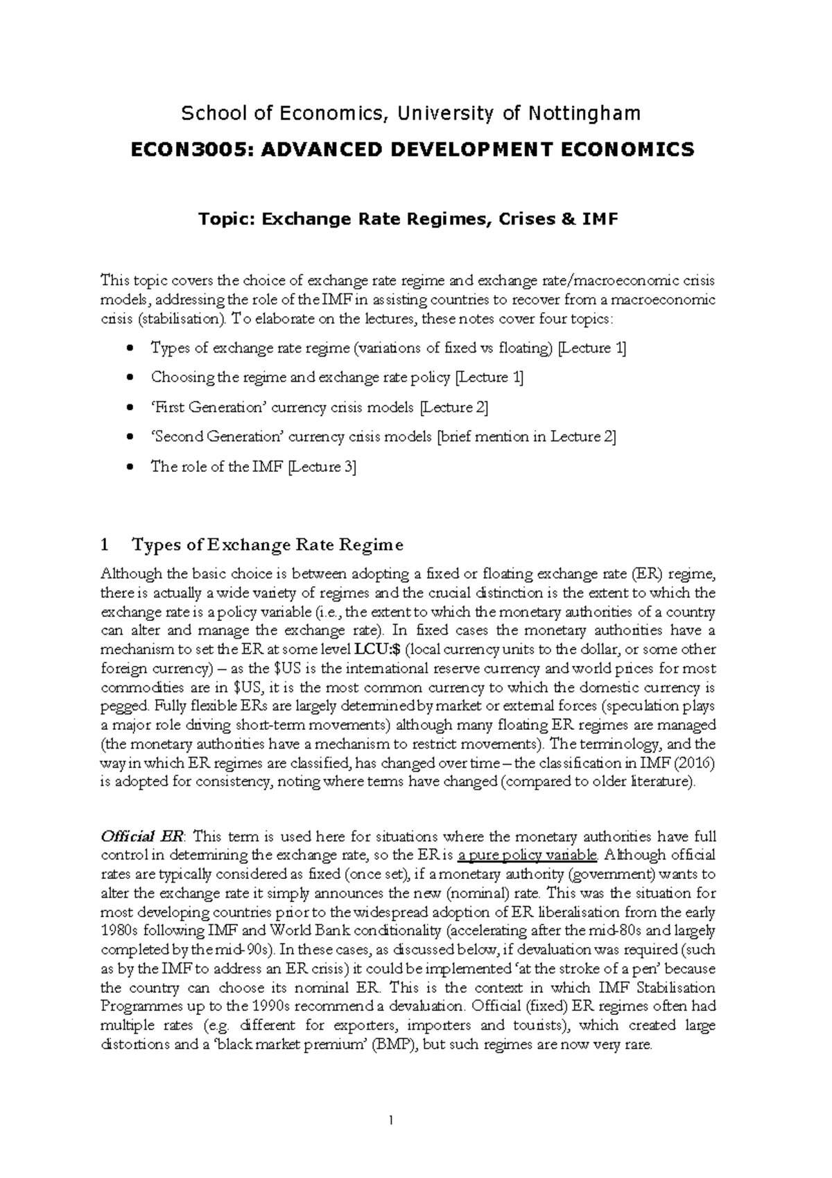 Exchange Rates IMF Notes School Of Economics University Of 