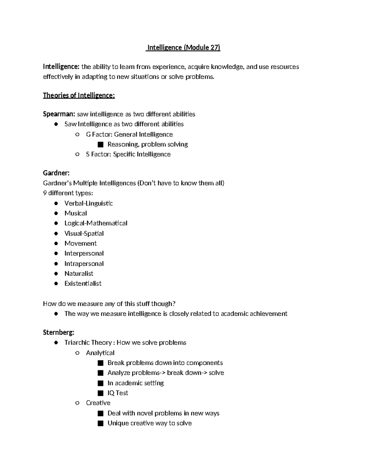 Psych Section 8 - Class notes - Intelligence (Module 27) Intelligence ...