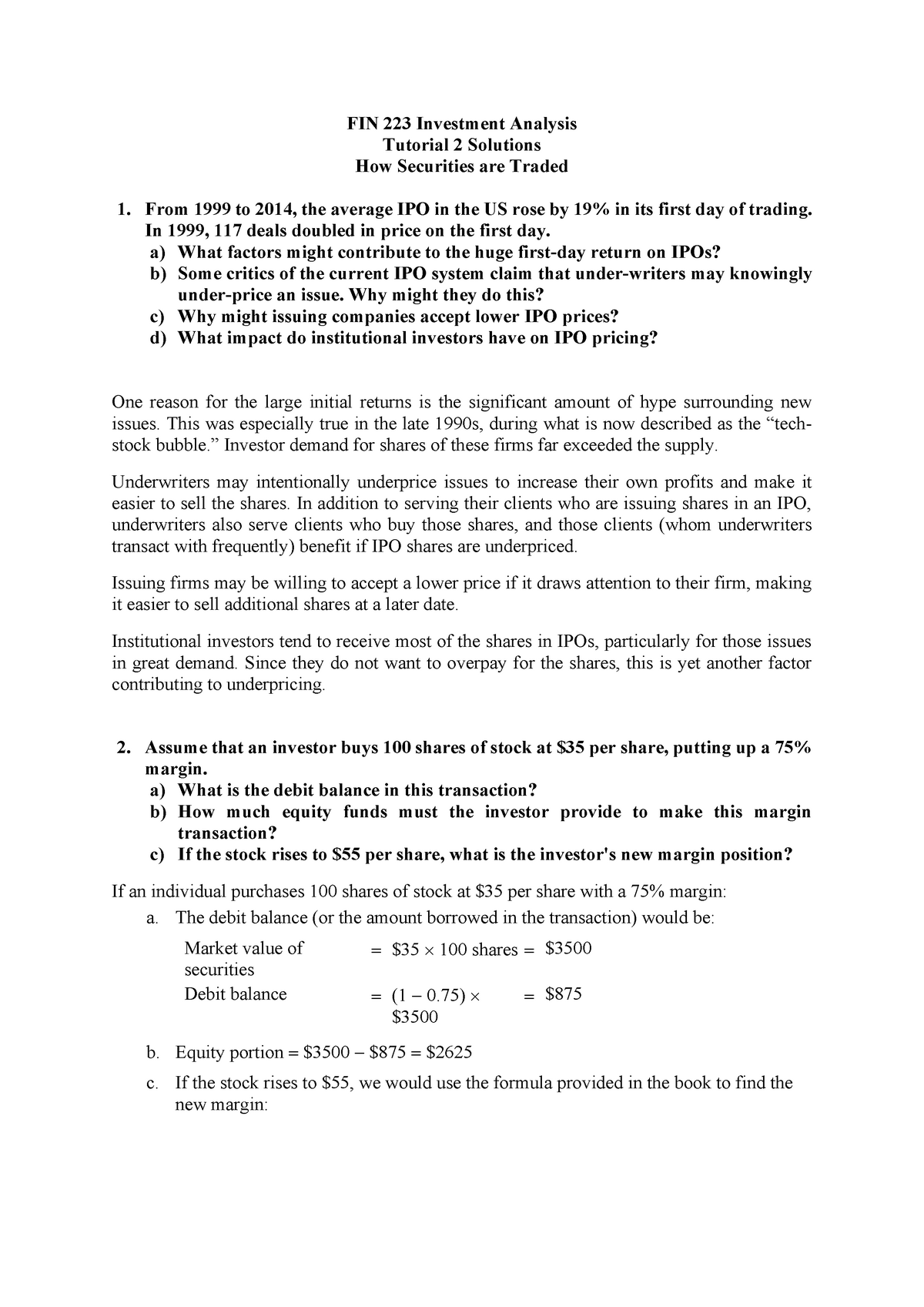 Tutorial 2 Solutions Week 3 - FIN 223 Investment Analysis Tutorial 2 ...