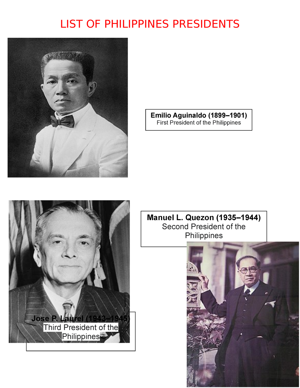 LIST OF Philippines Presidents - LIST OF PHILIPPINES PRESIDENTS Emilio ...