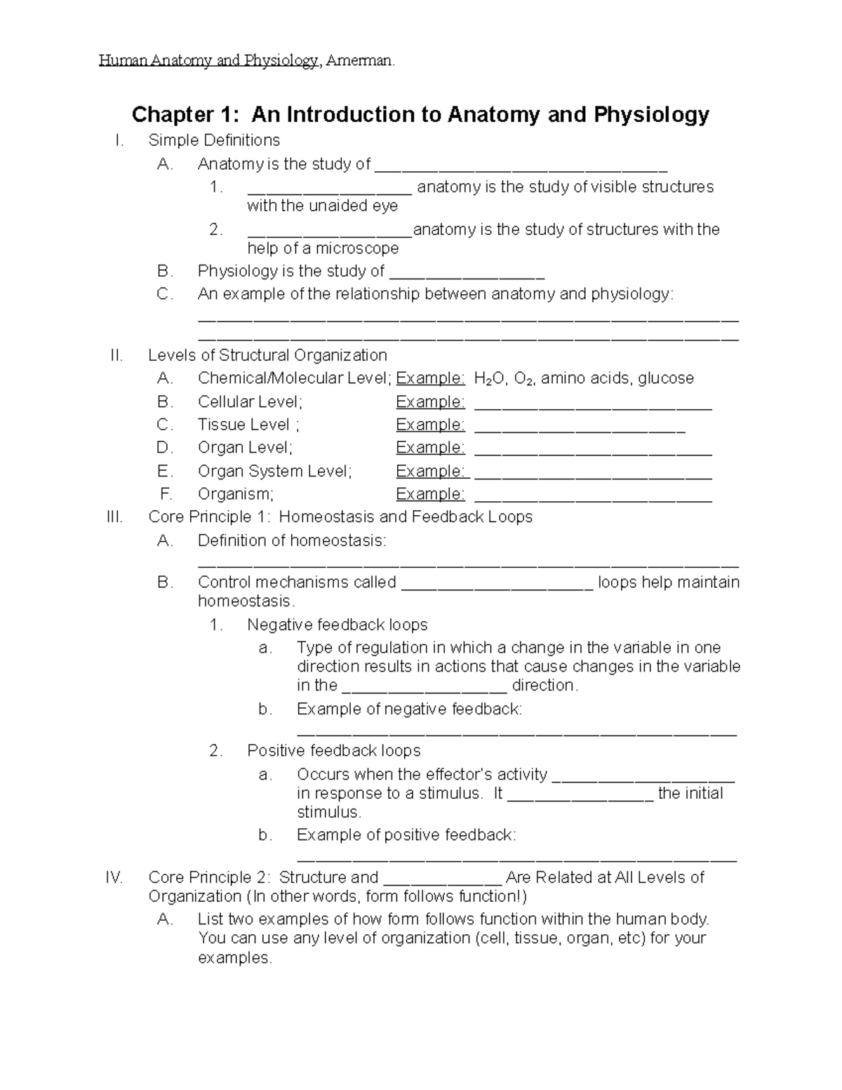 BIO 109HYB Chapter 1 Outline Notes Amerman - Human Anatomy And ...