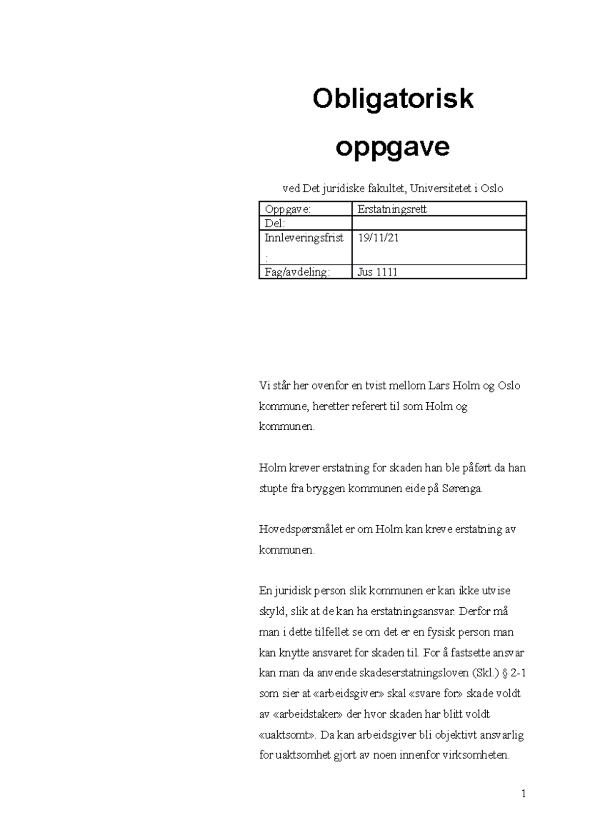 Obligatorisk Oppgave Erstatningsrett - Obligatorisk Oppgave Ved Det ...