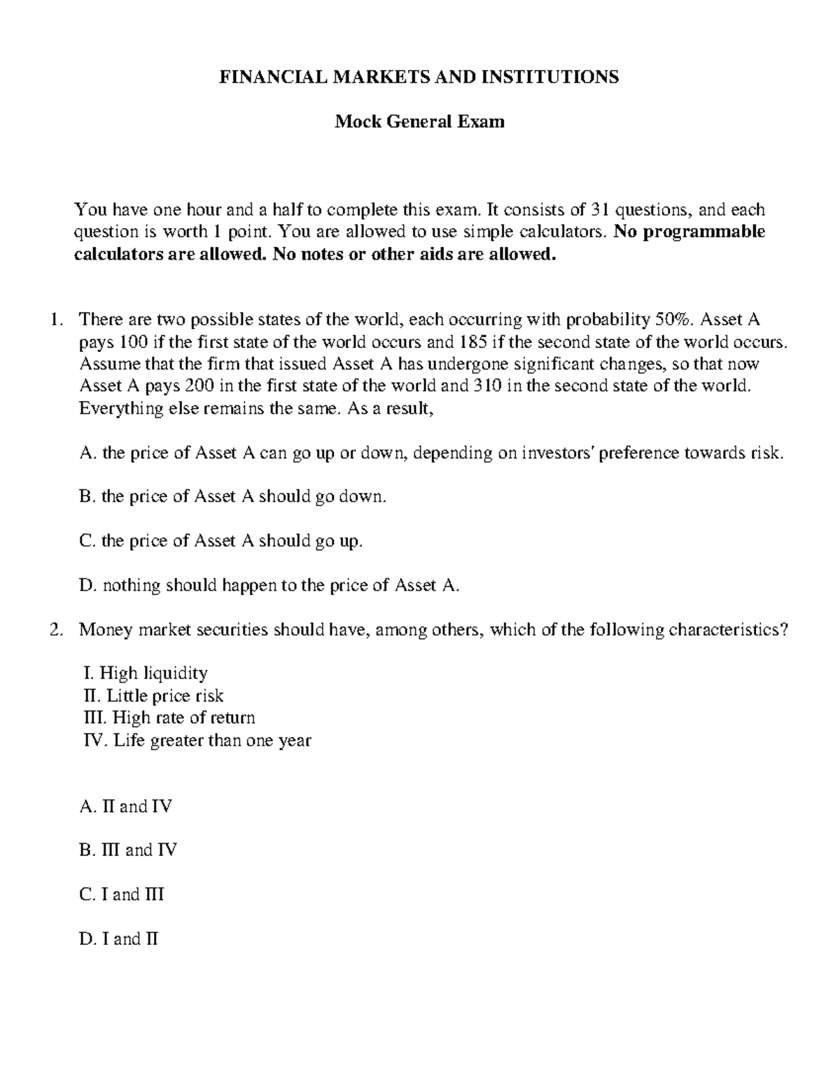 Financial Markets And Institutions Mock Exam - FINANCIAL MARKETS AND ...