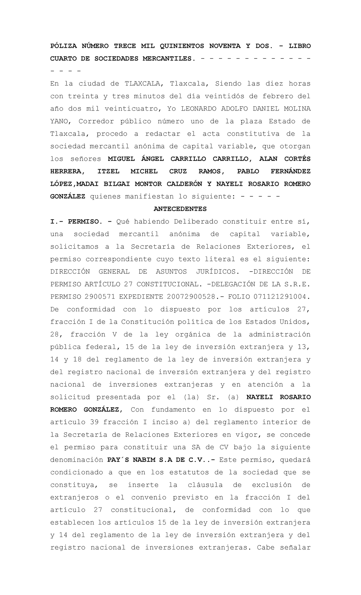 Acta constitutiva PÓLIZA NÚMERO TRECE MIL QUINIENTOS NOVENTA Y DOS