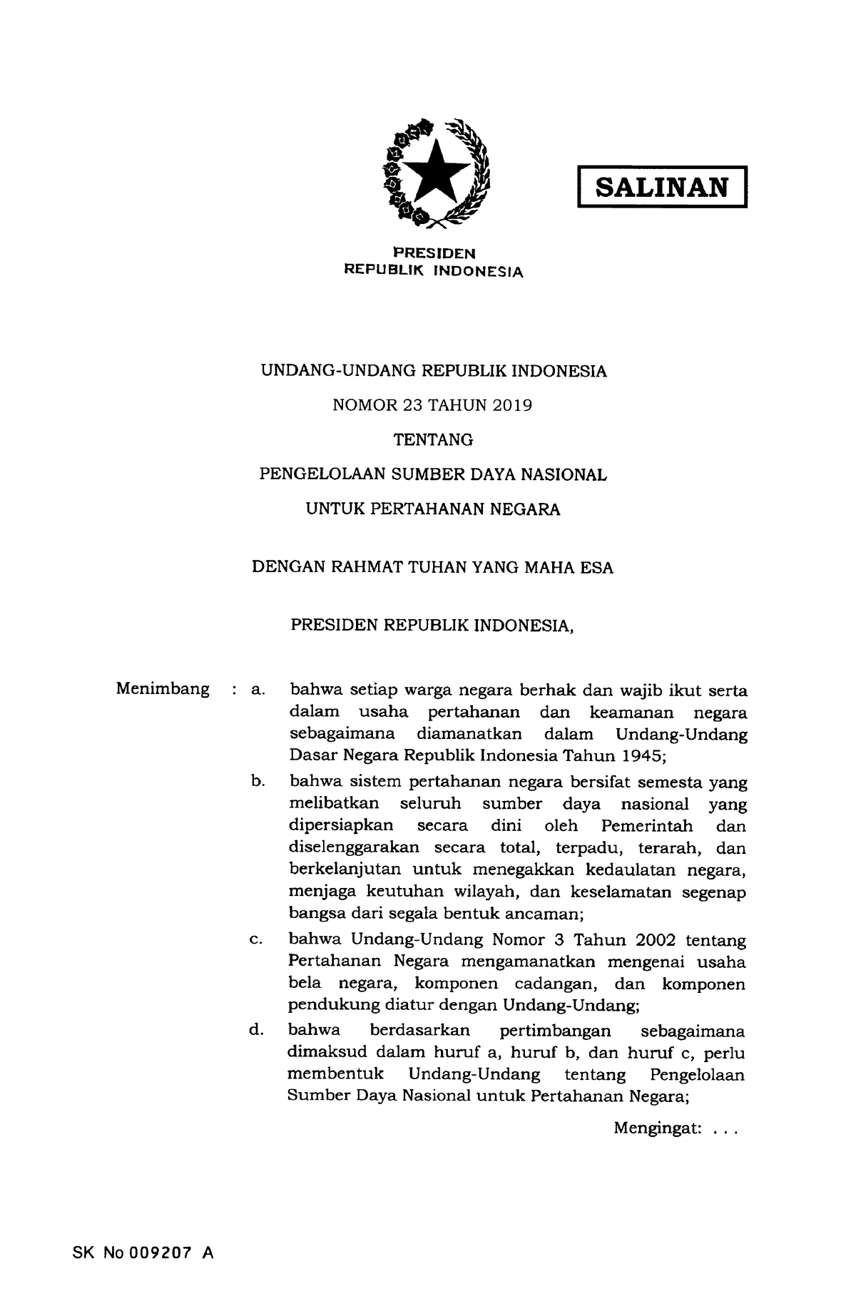 Salinan UU Nomor 23 Tahun 2019 - Menimbang PRESIDEN REPUBLIK INDONESIA ...