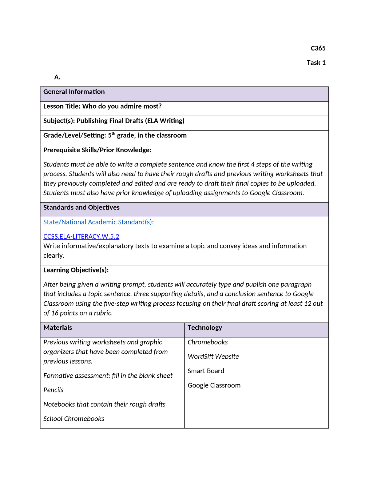 C365 Task 1 - passed - C Task 1 A. General Information Lesson Title ...