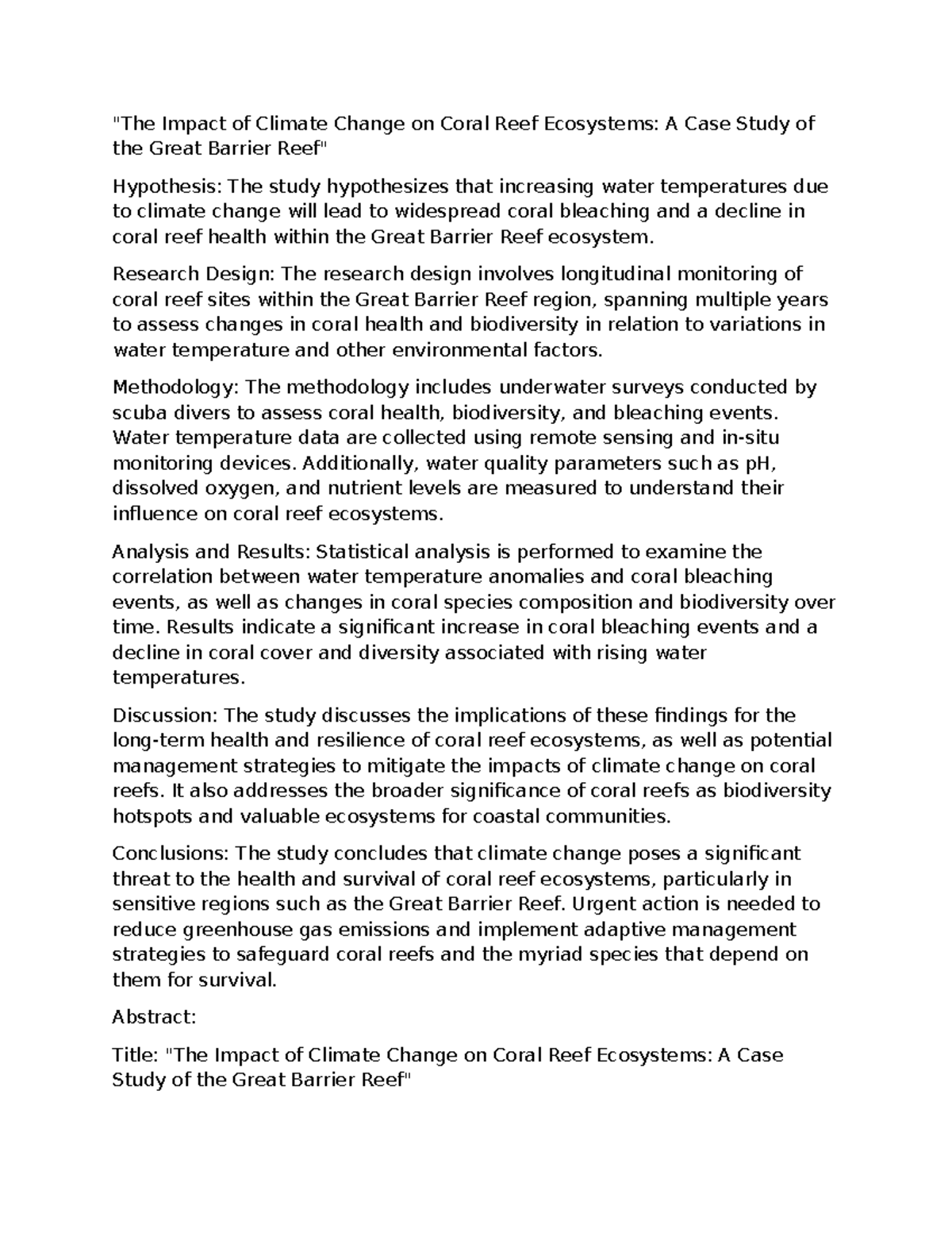 The Impact of Climate Change on Coral Reef Ecosystems A Case - Research ...