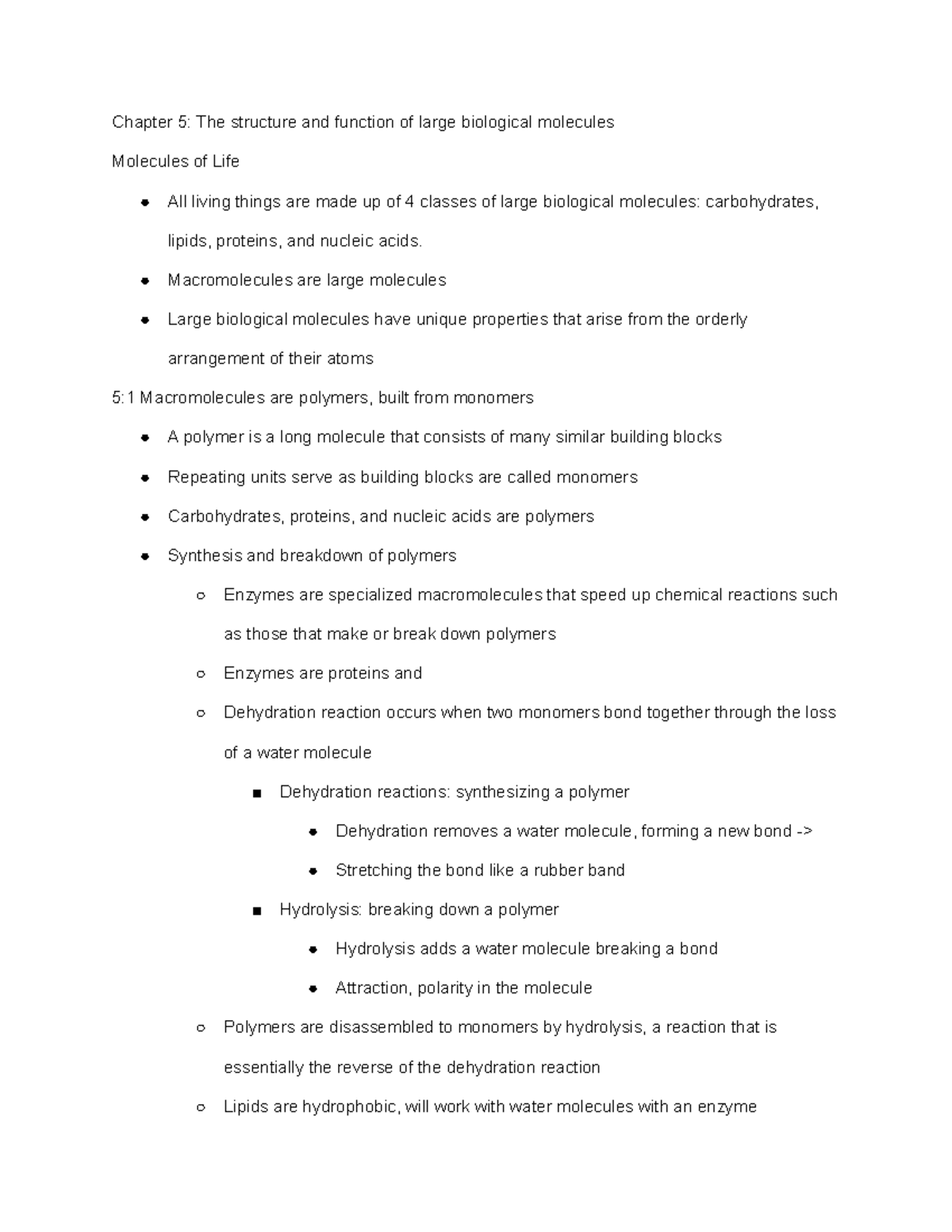 Biology 1 chapter 5 - Chapter 5: The structure and function of large ...