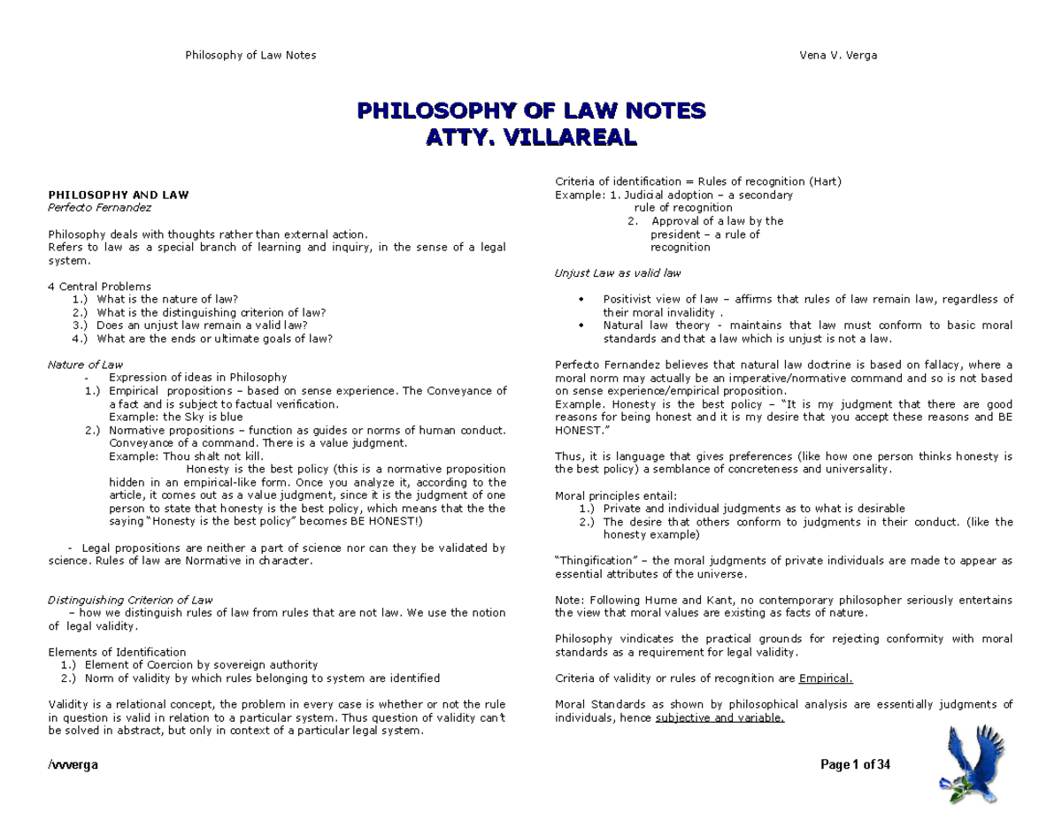 15462069 Philosophy of Law Notes - Philosophy of Law Notes Vena V ...
