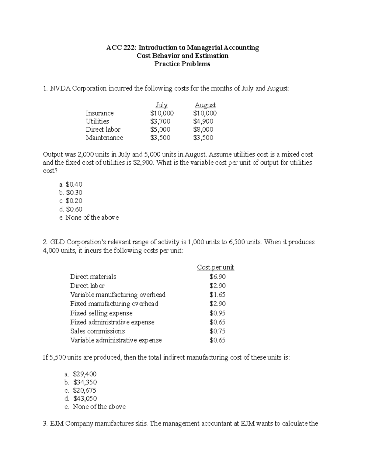 Week 3 Practice Problems - ACC 222: Introduction to Managerial ...