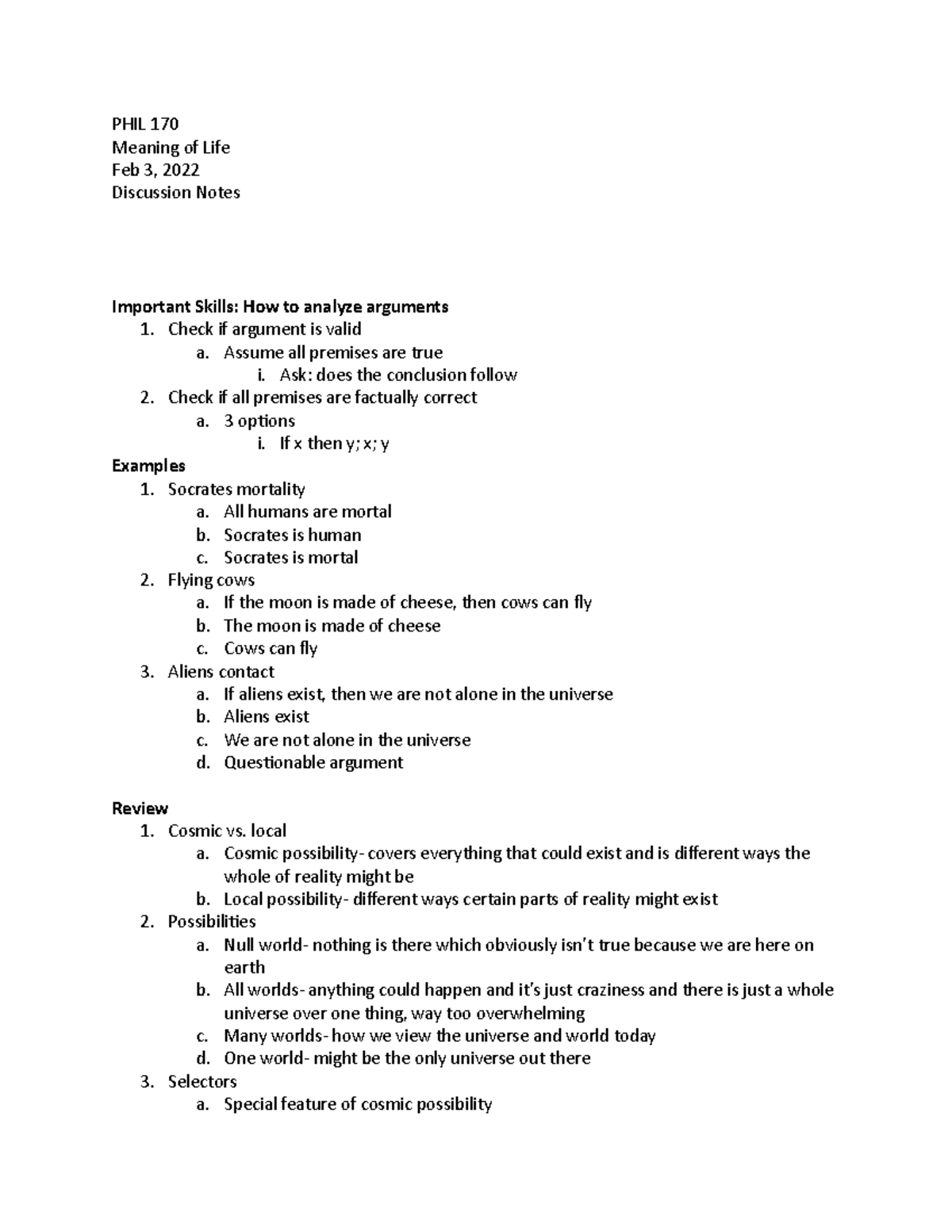 PHIL 170 Lecture notes PHIL 170 Meaning of Life Feb 3, 2022