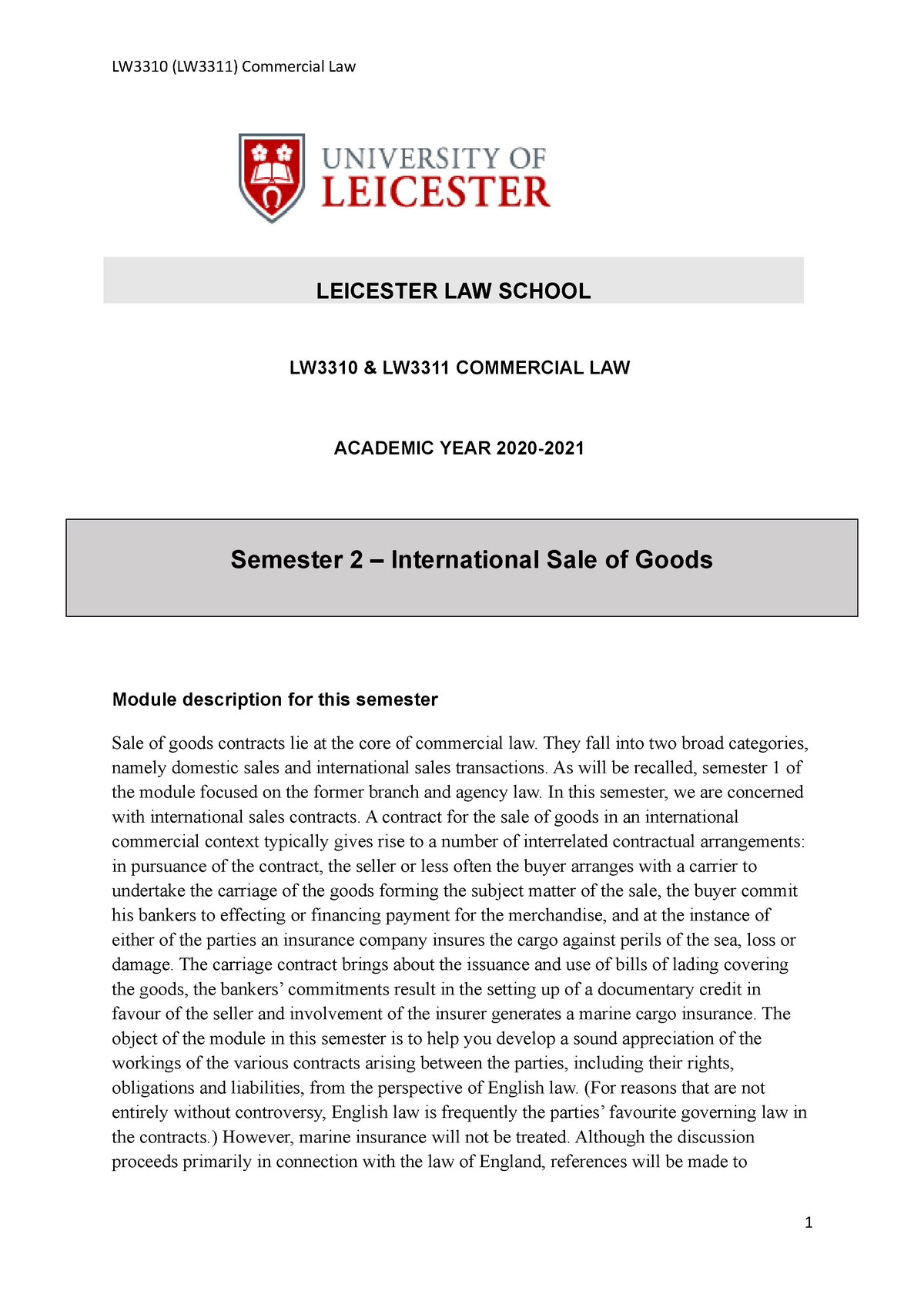Com Law 2 (Handout) LEICESTER LAW SCHOOL LW3310 & LW3311 COMMERCIAL