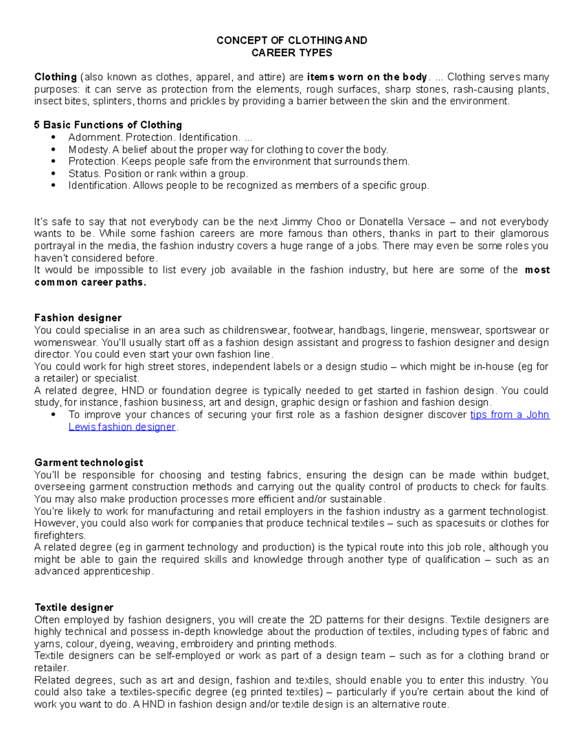 1. Concept OF Clothing AND Career Types CONCEPT OF CLOTHING AND