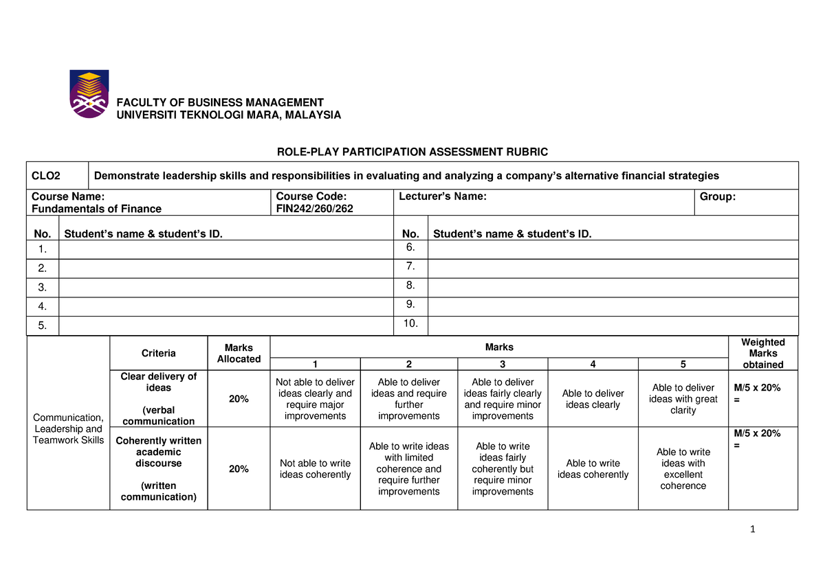 Assignment 2 Rubric - info - 1 ROLE-PLAY PARTICIPATION ASSESSMENT ...