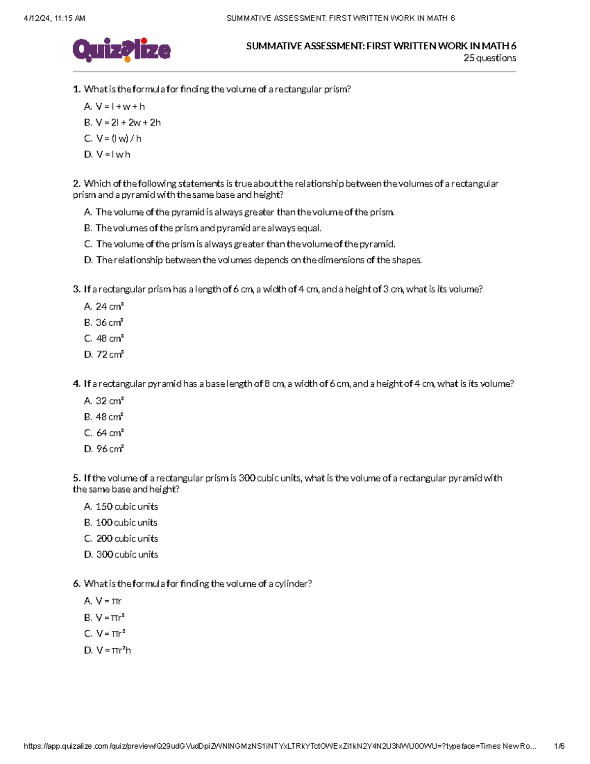 Summative Assessment First Written WORK IN MATH 6 - SUMMATIVE ...