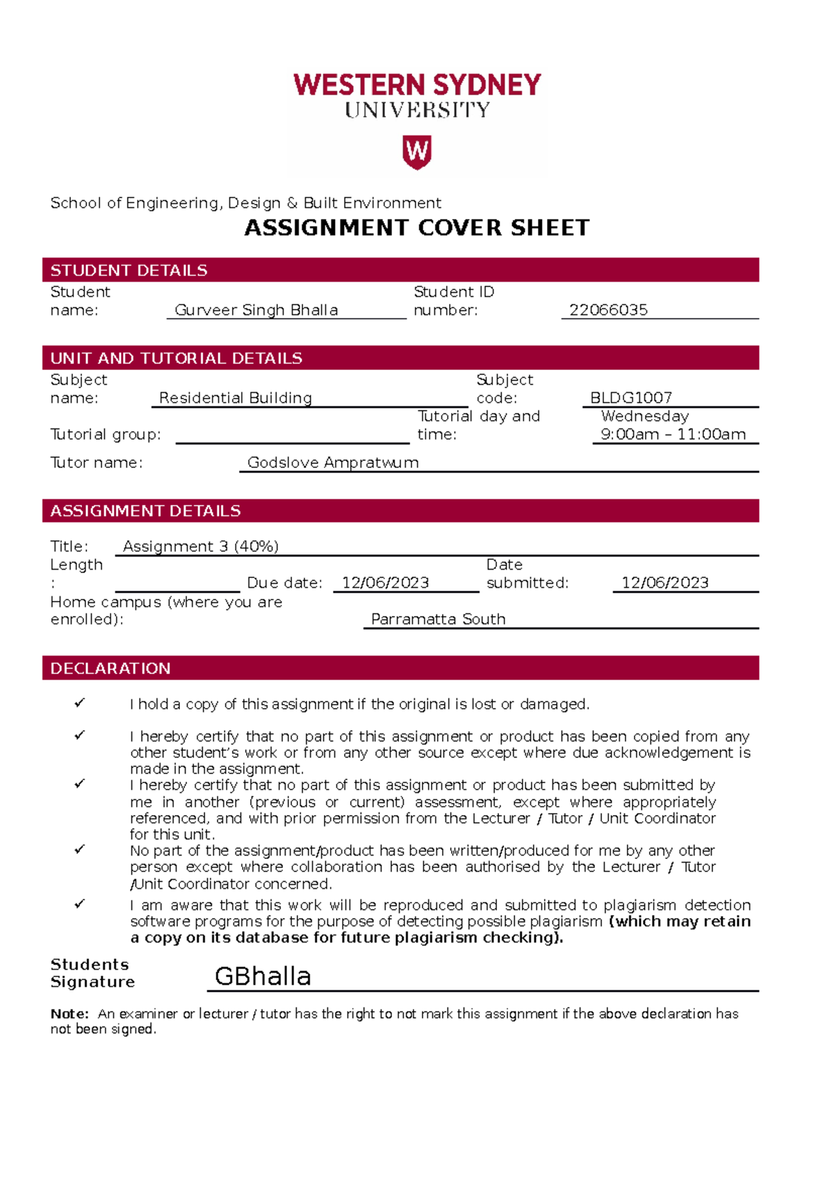 western sydney assignment cover sheet