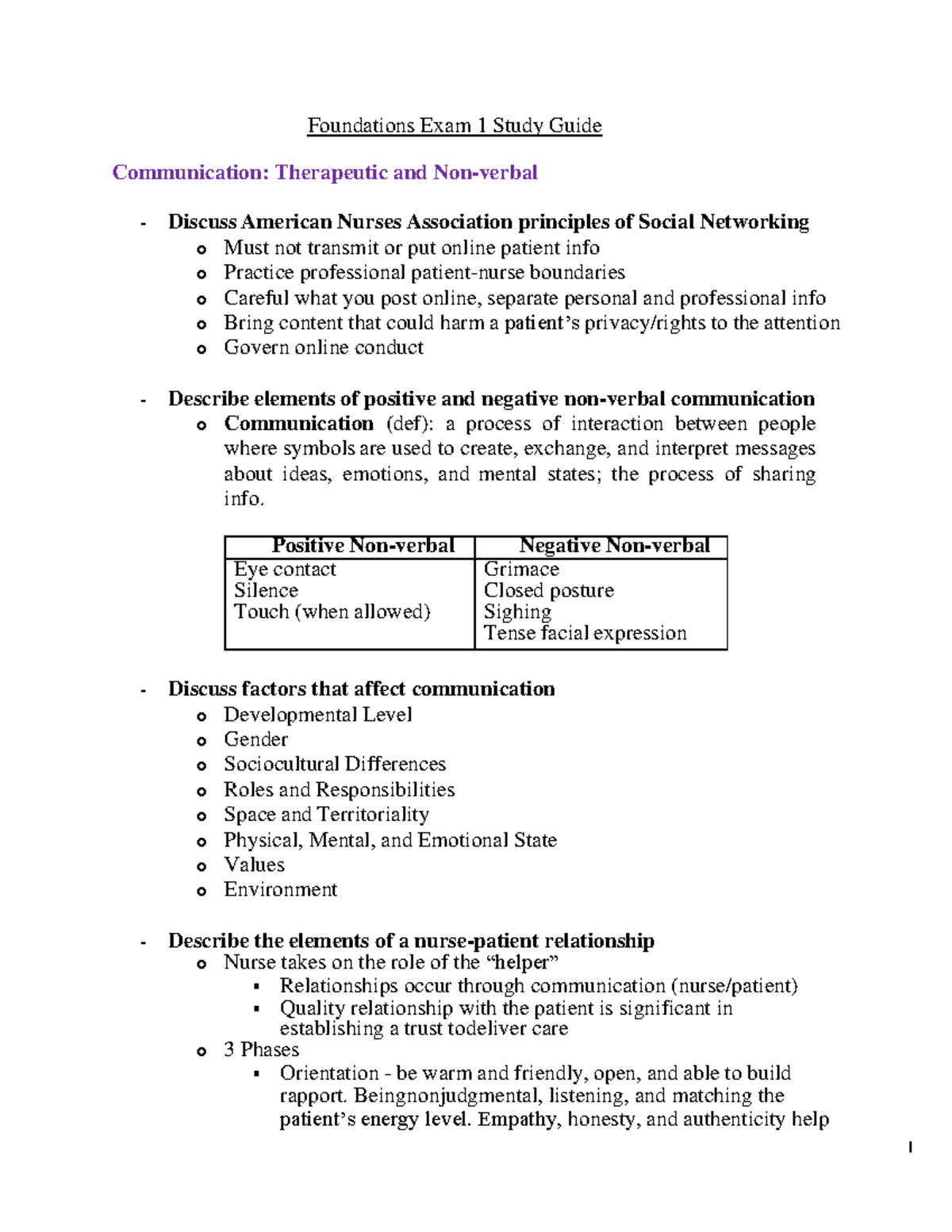 Foundations Exam 1 Study Guide Therapeutic and Nonverbal Foundations