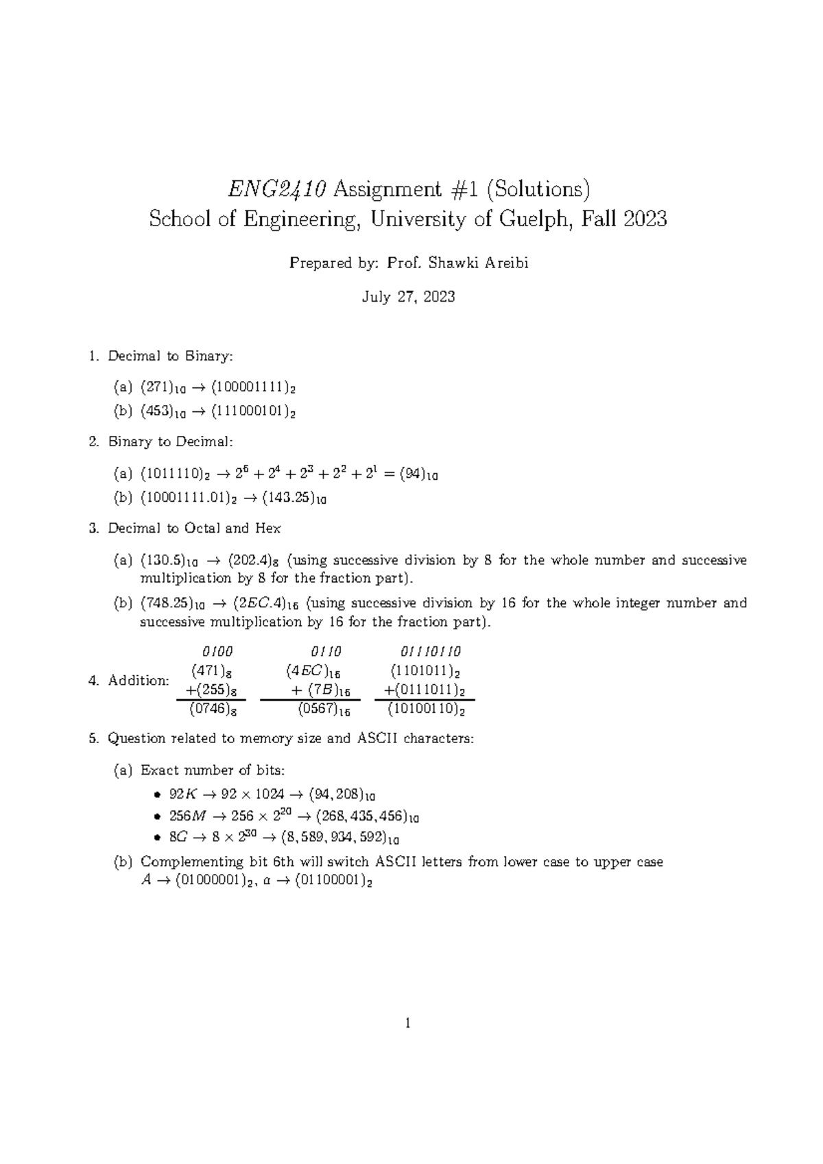 Eng241 assign 1 Sol F23 - ENG2410 Assignment #1 (Solutions) School of ...