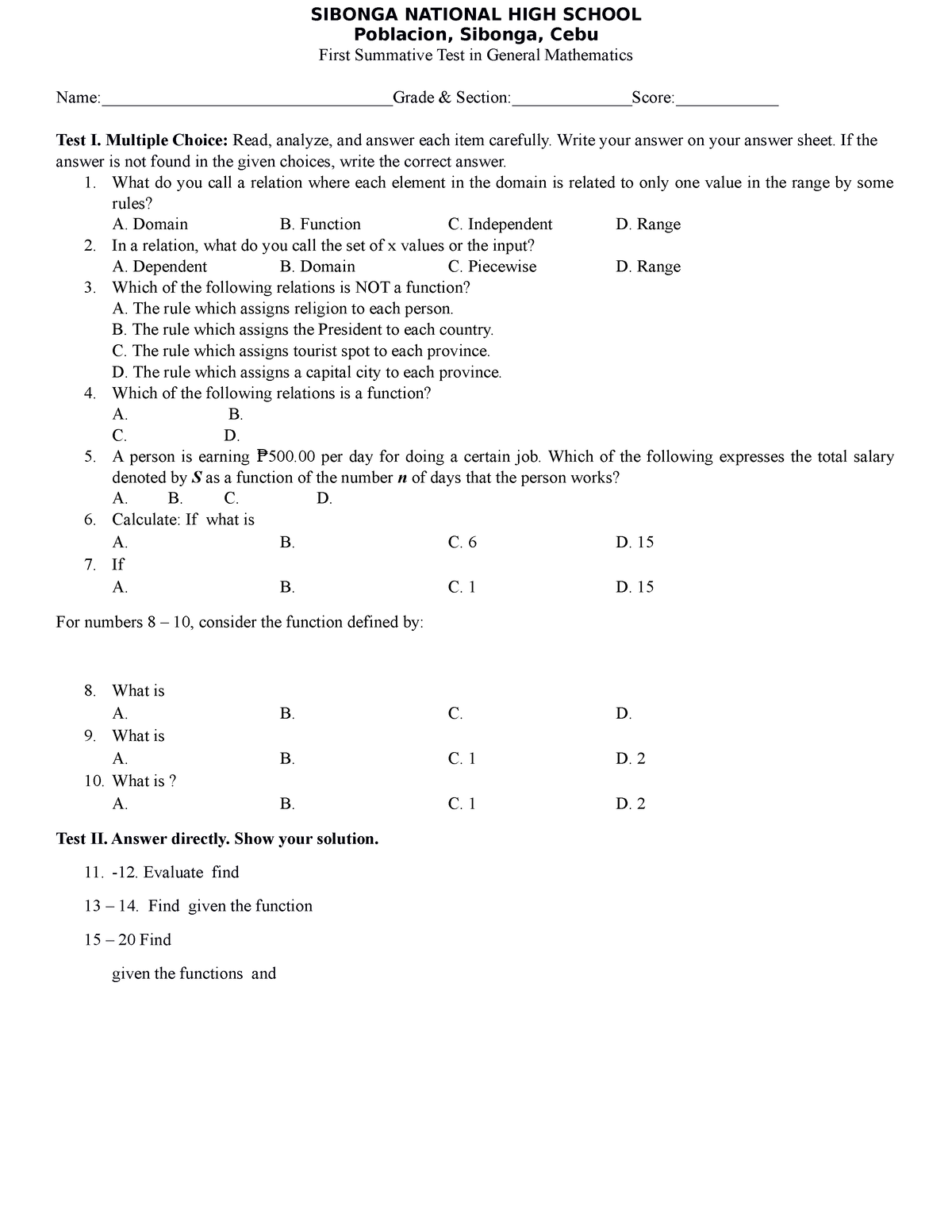 First Summative Test in General Mathematics - SIBONGA NATIONAL HIGH ...