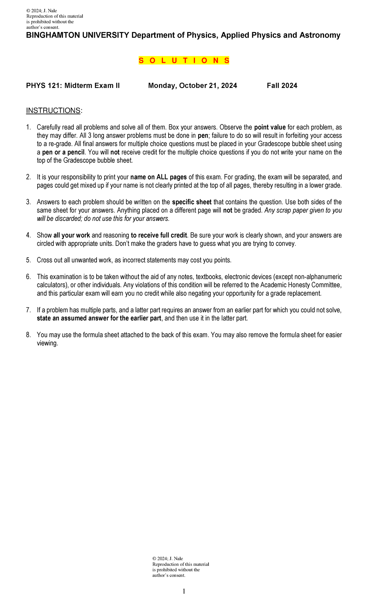 Midterm 2 Solutions - Exam 2 - © 2024; J. Nale Reproduction of this ...
