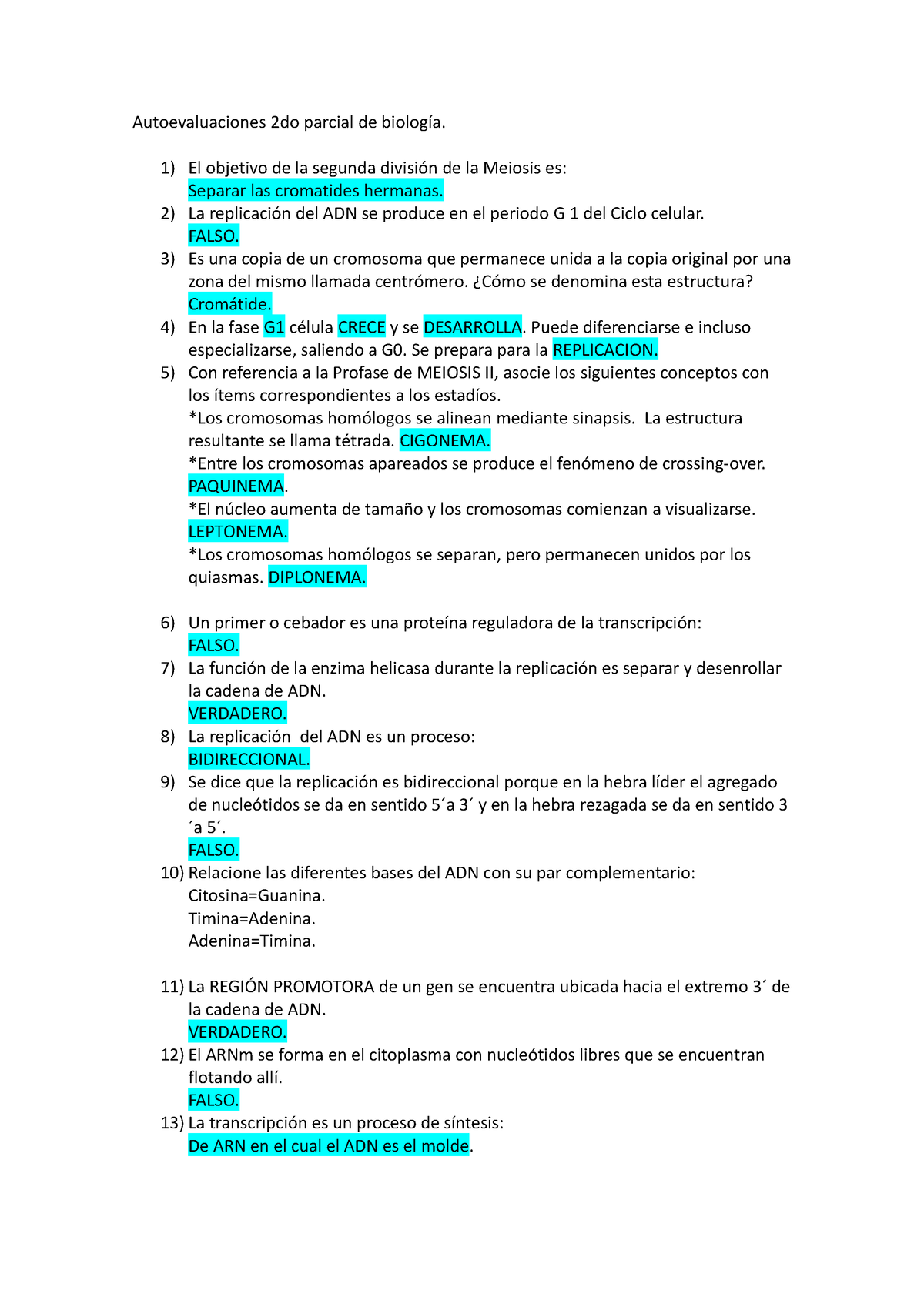 Autoevaluaciones 2do Parcial De Biología - Biologia - UNER - Studocu