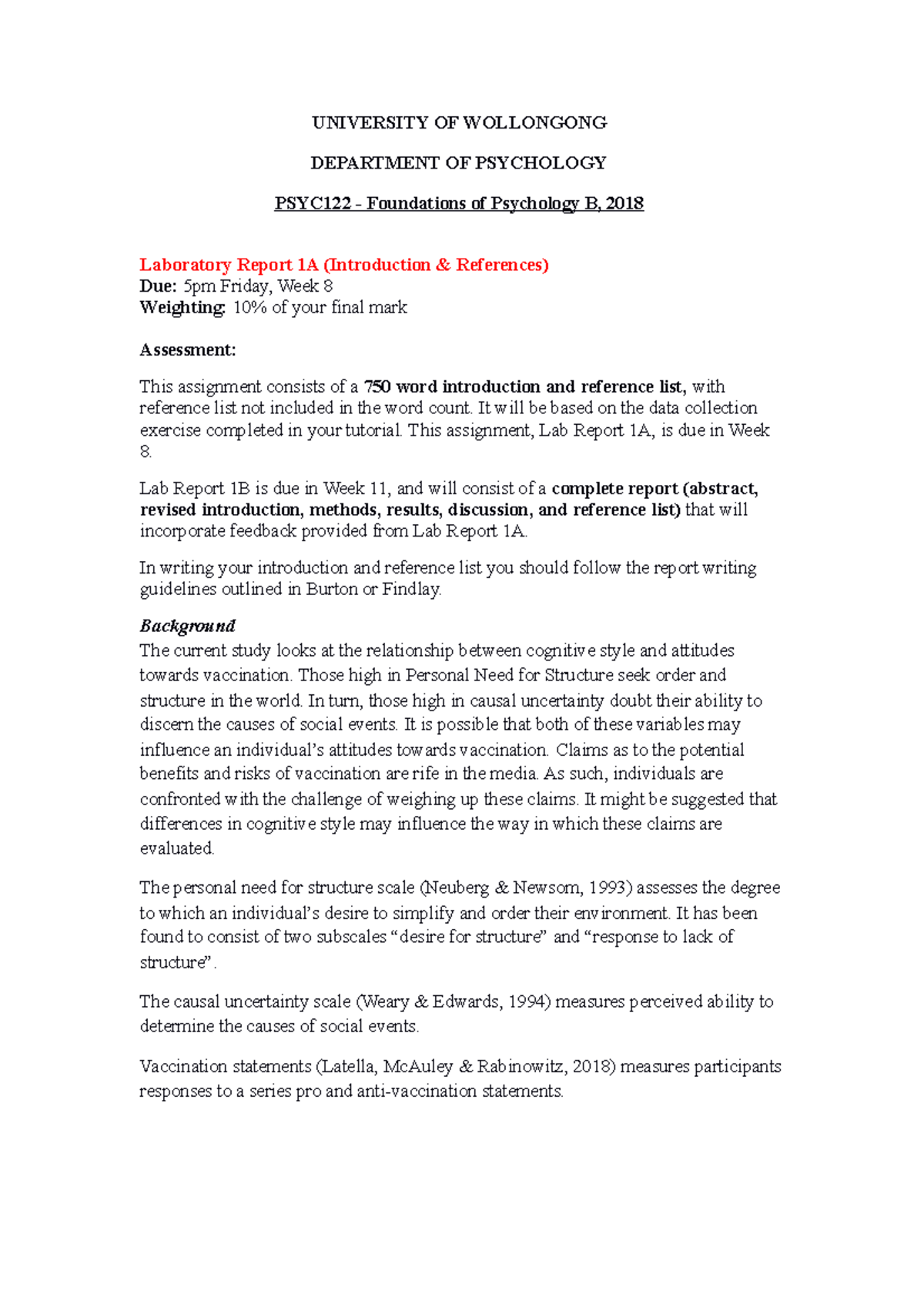 PSYC122 Lab Report 1A Handout - UNIVERSITY OF WOLLONGONG DEPARTMENT OF ...
