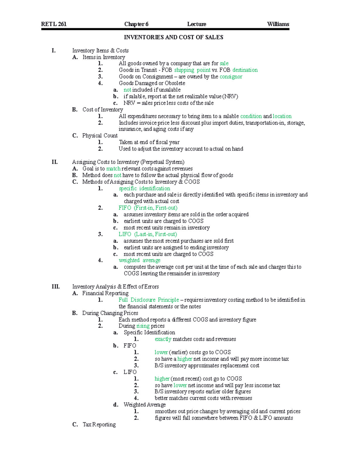 Chapter 6 Notes - RETL 261 Chapter 6 Lecture Williams INVENTORIES AND ...