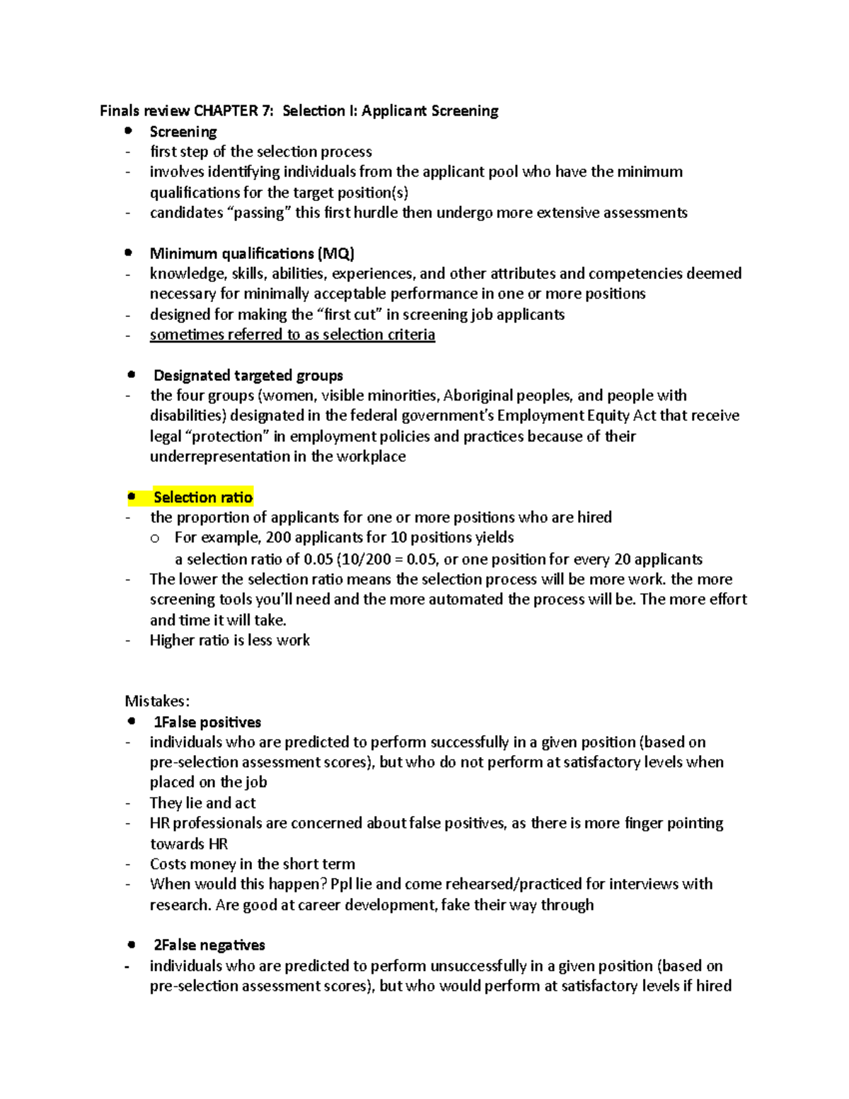 Finals review Chapter 7 - Finals review CHAPTER 7: Selection I ...
