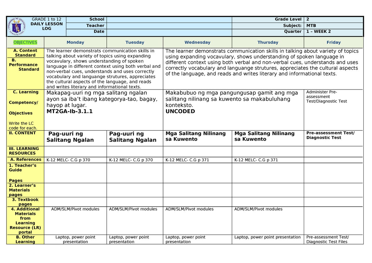 WEEK2-dll-MTB - your welcome - GRADE 1 to 12 DAILY LESSON LOG School ...