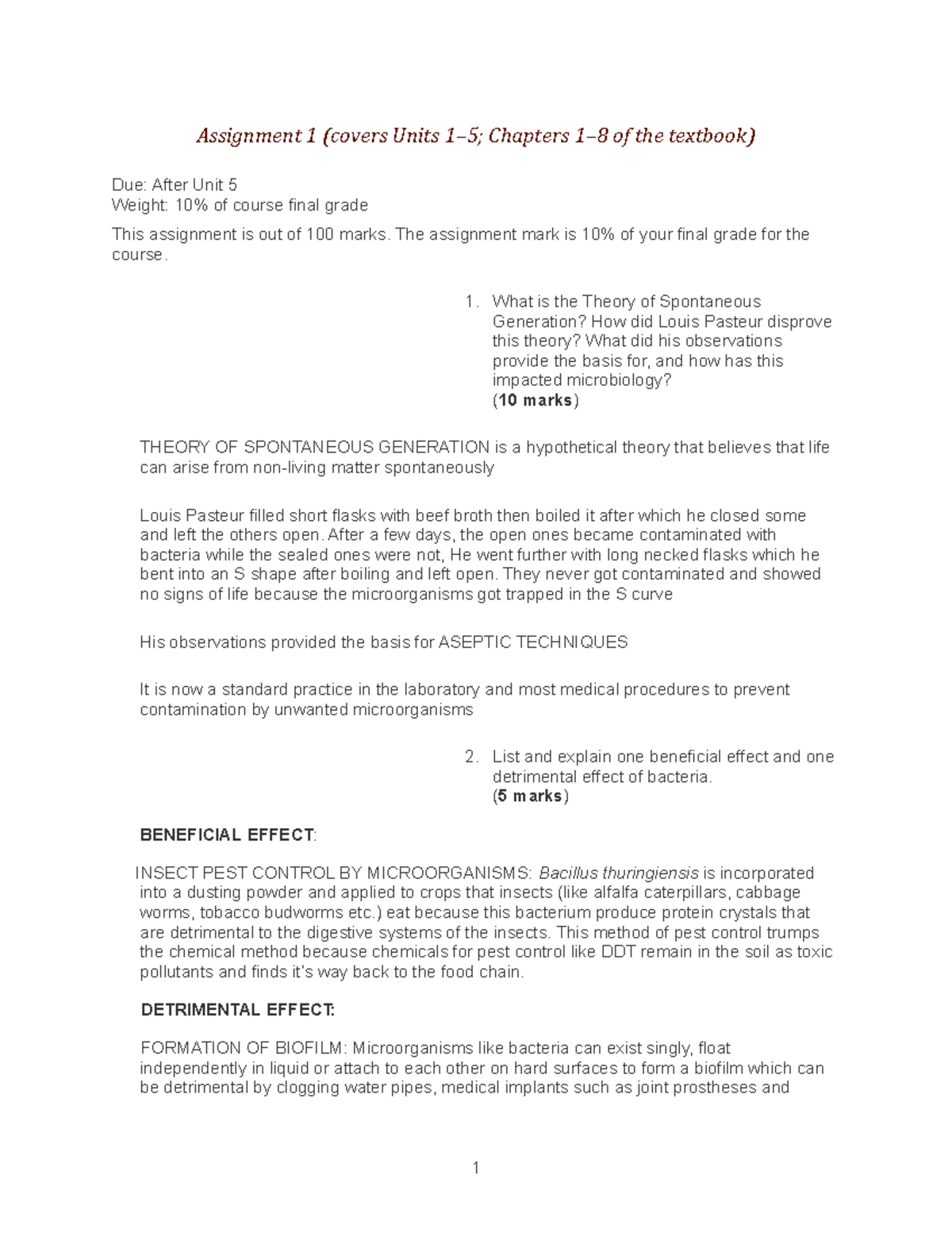 BIO 325 Assignment 1 - Biology - Assignment 1 (covers Units 1–5 ...