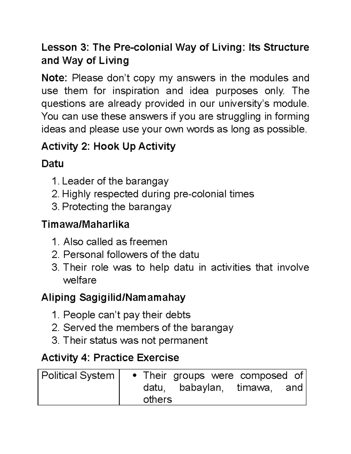 GEN 004 Lesson 3 Answers Lesson 3 The Precolonial Way of Living