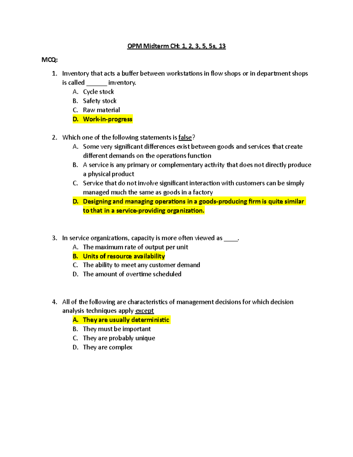 Midterm 2020, questions and answers - OPM Midterm CH: 1, 2, 3, 5, 5s ...