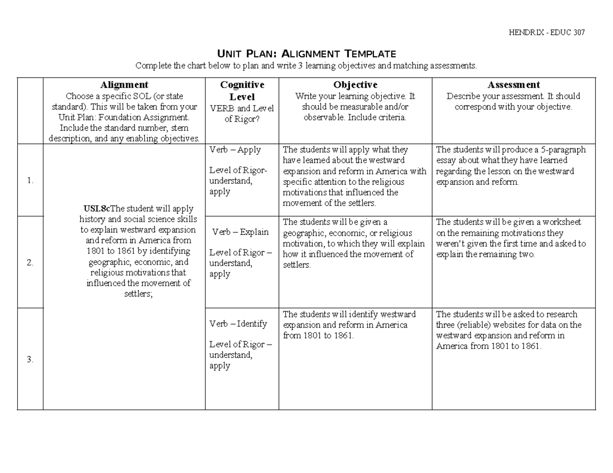 Unit Plan Alignment Template - HENDRIX - EDUC 307 UNIT PLAN: ALIGNMENT ...