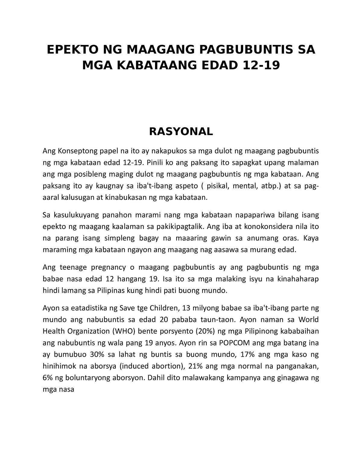 Konseptong Papel - Bhkfd - EPEKTO NG MAAGANG PAGBUBUNTIS SA MGA ...