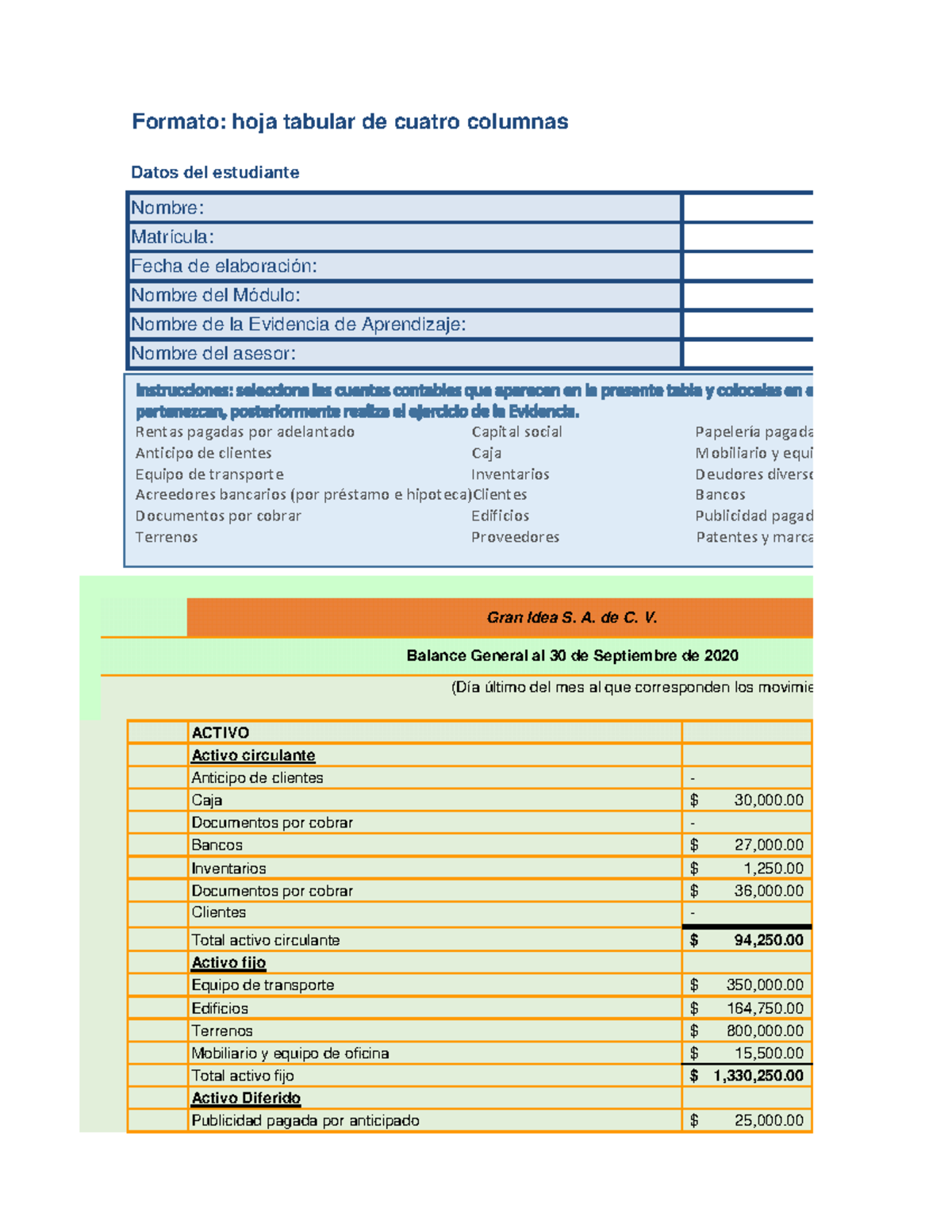 Balance General - Formato: hoja tabular de cuatro columnas ACTIVO ...