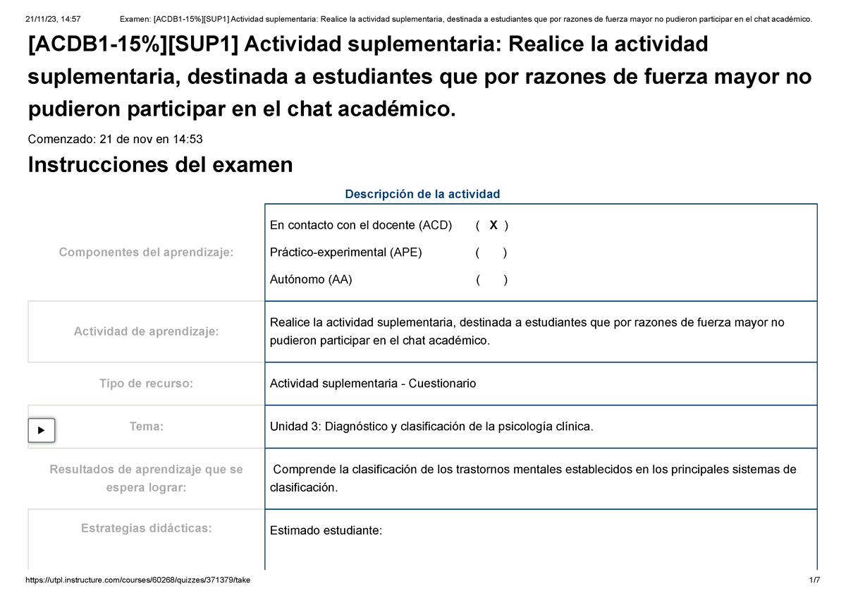 Examen [ACDB 1-15%][SUP 1] Actividad Suplementaria Realice La Actividad ...